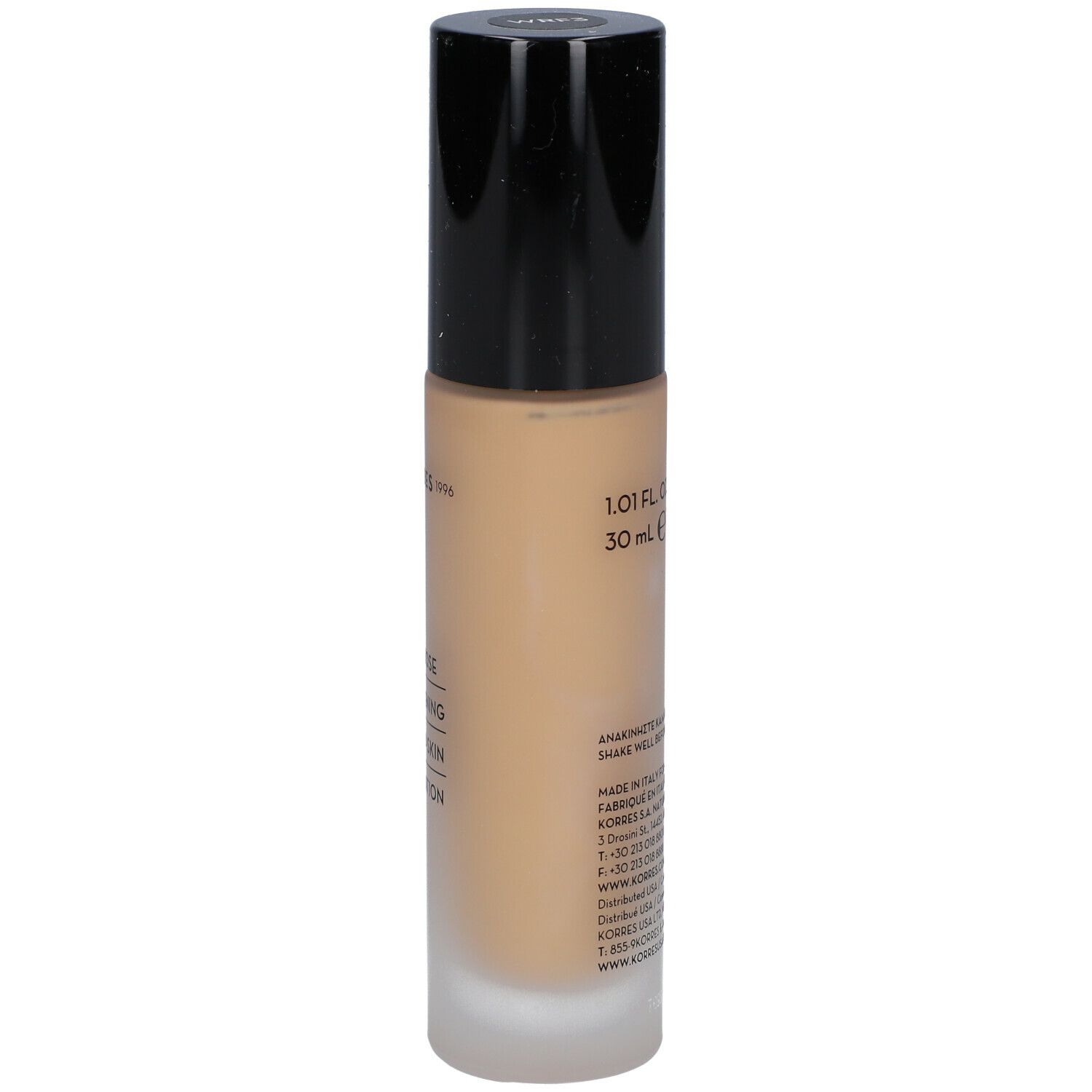 Korres Wild Rose Foundation. Fles, achteraanzicht. Zwarte dop. Opschrift: Wild Rose, Brightening Second-Skin Foundation.