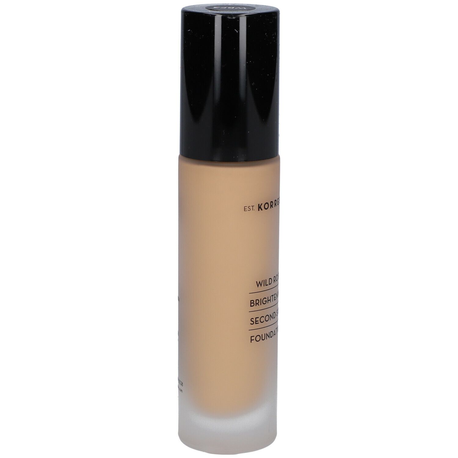 Korres Wild Rose Foundation. Fles, achteraanzicht. Zwarte dop. Opschrift: Wild Rose, Brightening Second-Skin Foundation.