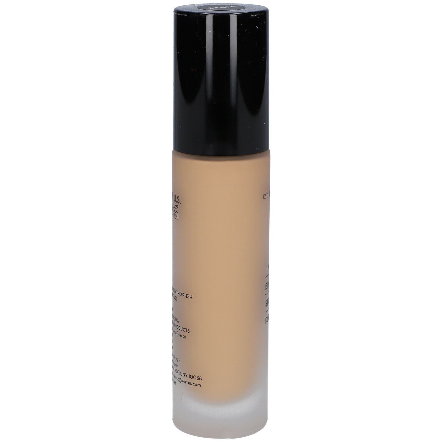Korres Wild Rose Foundation. Fles, achteraanzicht. Zwarte dop. Opschrift: Wild Rose, Brightening Second-Skin Foundation.