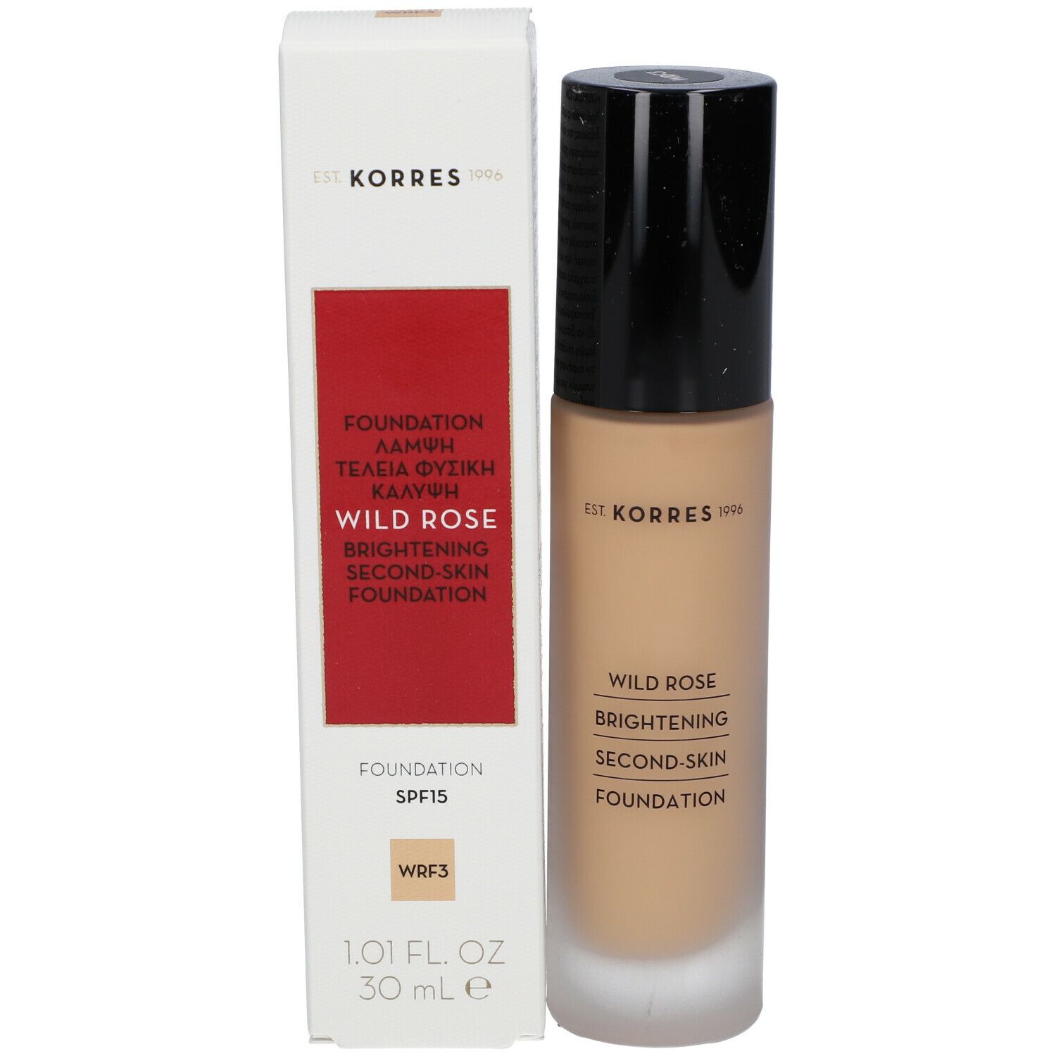 Korres Wild Rose Foundation. Fles en verpakking. Opschrift: Wild Rose, SPF15, WRF3. 30 ml.