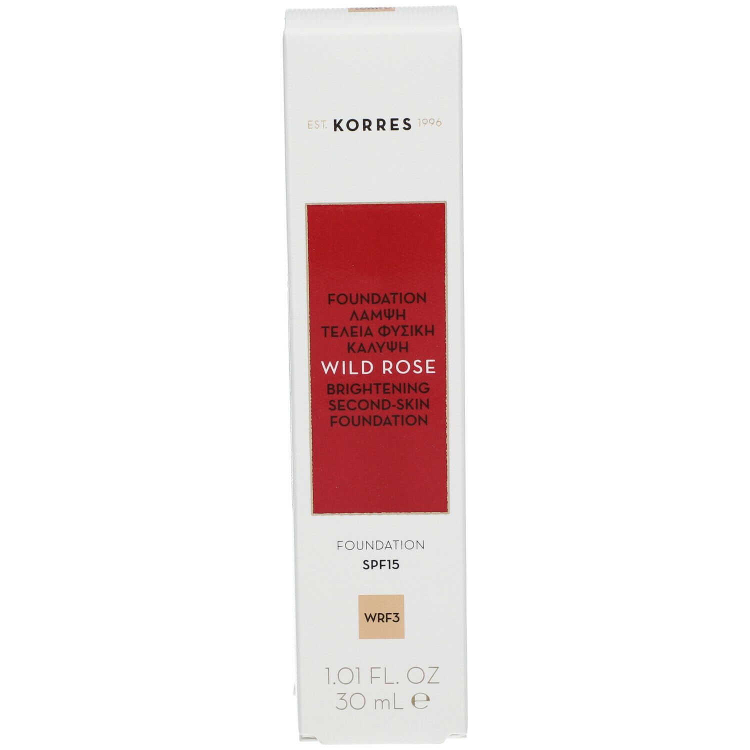 Korres Wild Rose Foundation. Verpakking. Opschrift: Wild Rose, SPF15, WRF3. 30 ml.
