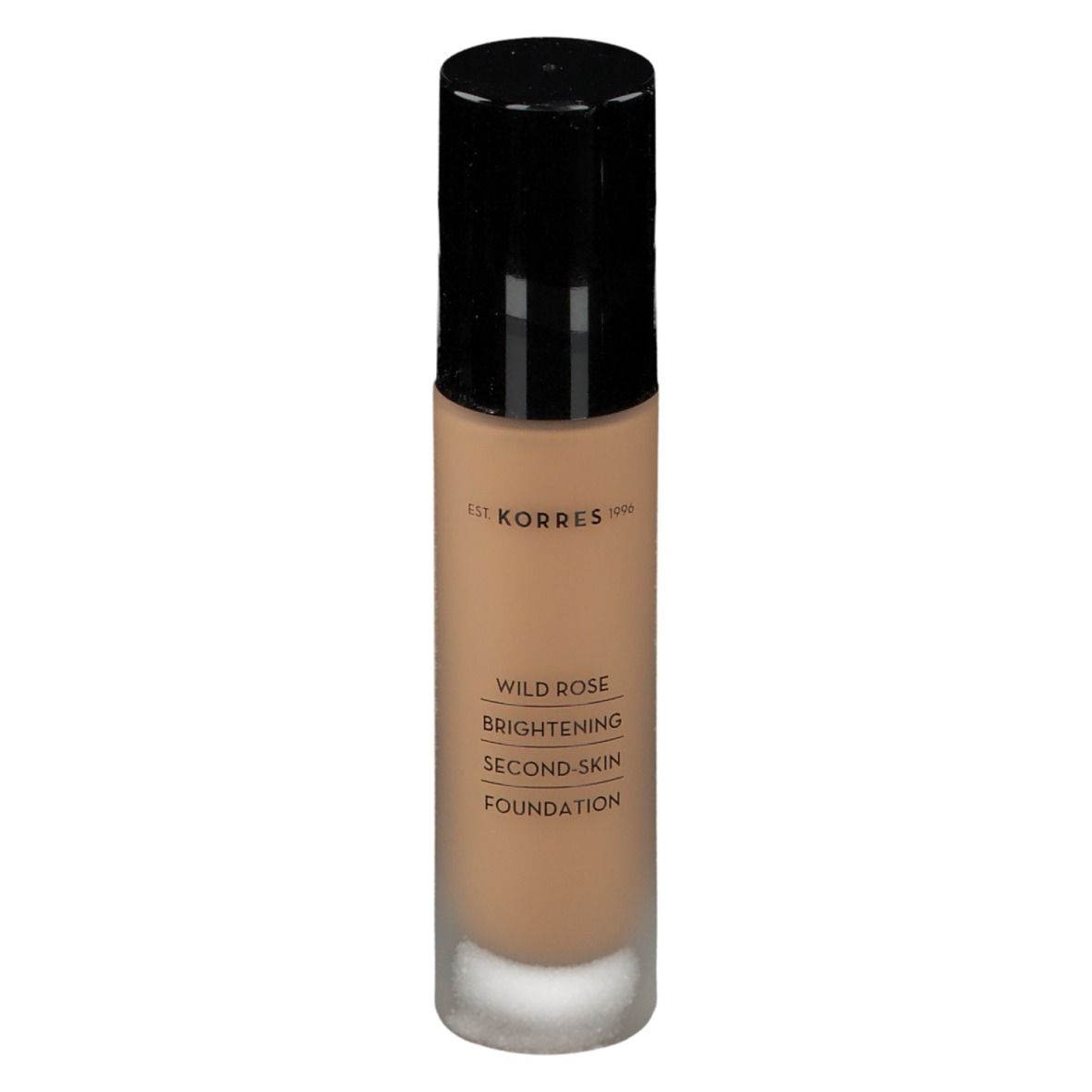 Fond de teint Korres Wild Rose. Flacon noir et transparent. Liquide beige clair. Texte: Brightening Second-Skin Foundation.