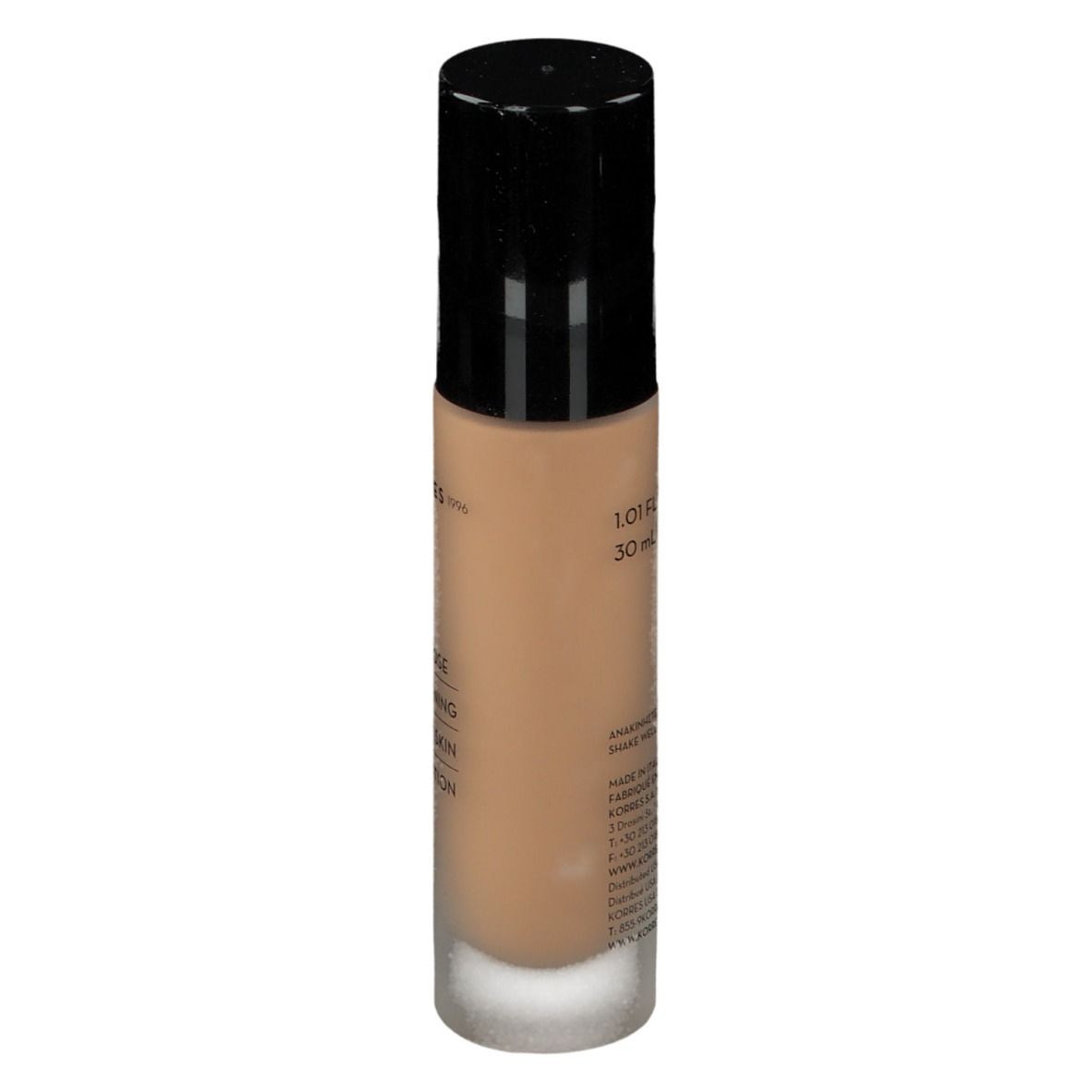 Fond de teint Korres Wild Rose. Dos du flacon. Liquide beige. Texte: Ingrédients, adresse du fabricant, volume 30 ml.