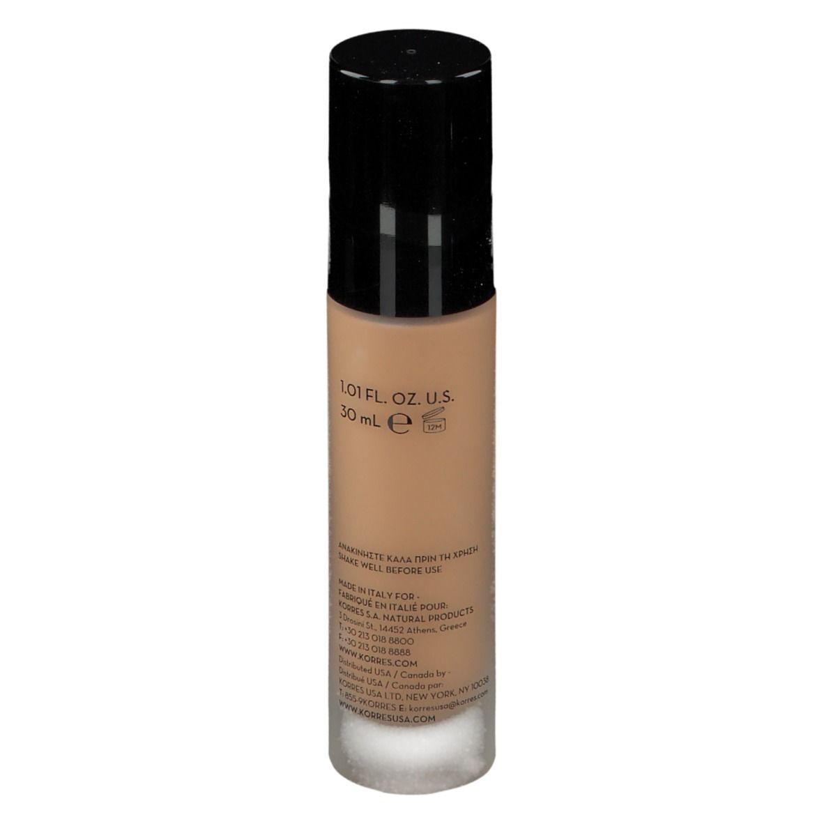 Fond de teint Korres Wild Rose. Dos du flacon. Liquide beige. Texte: Volume 30 ml, informations fabricant, origine.
