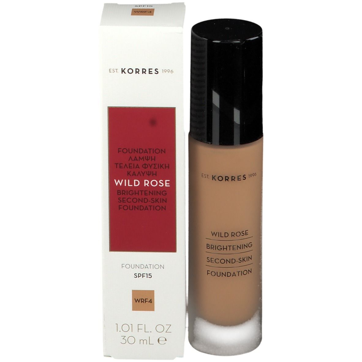 Fond de teint Korres Wild Rose et emballage. Flacon et boîte. Texte: Wild Rose, Foundation, SPF15, WRF4, 30 ml.
