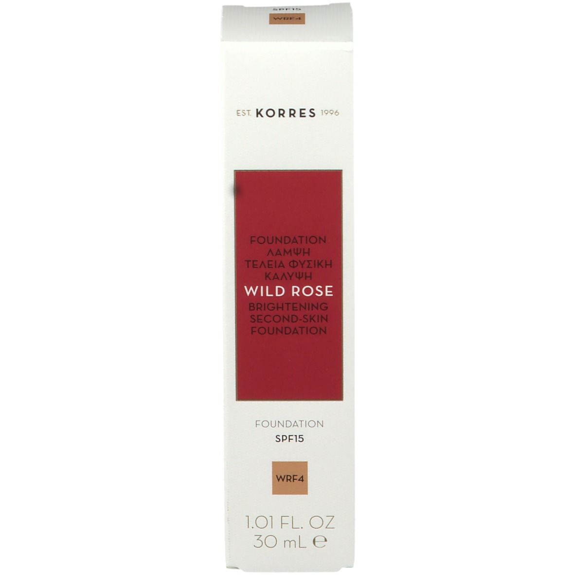 Emballage du fond de teint Korres Wild Rose. Boîte. Texte: Wild Rose, Foundation, SPF15, WRF4, 30 ml.