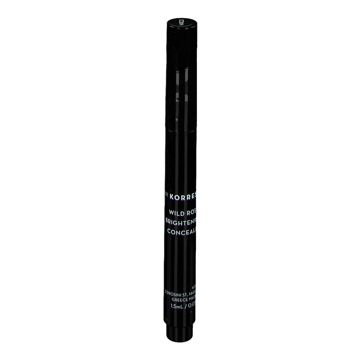 Zwarte pen met opschrift KORRES WILD ROSE. Bevat 1,5 ml/0,05 fl.oz.