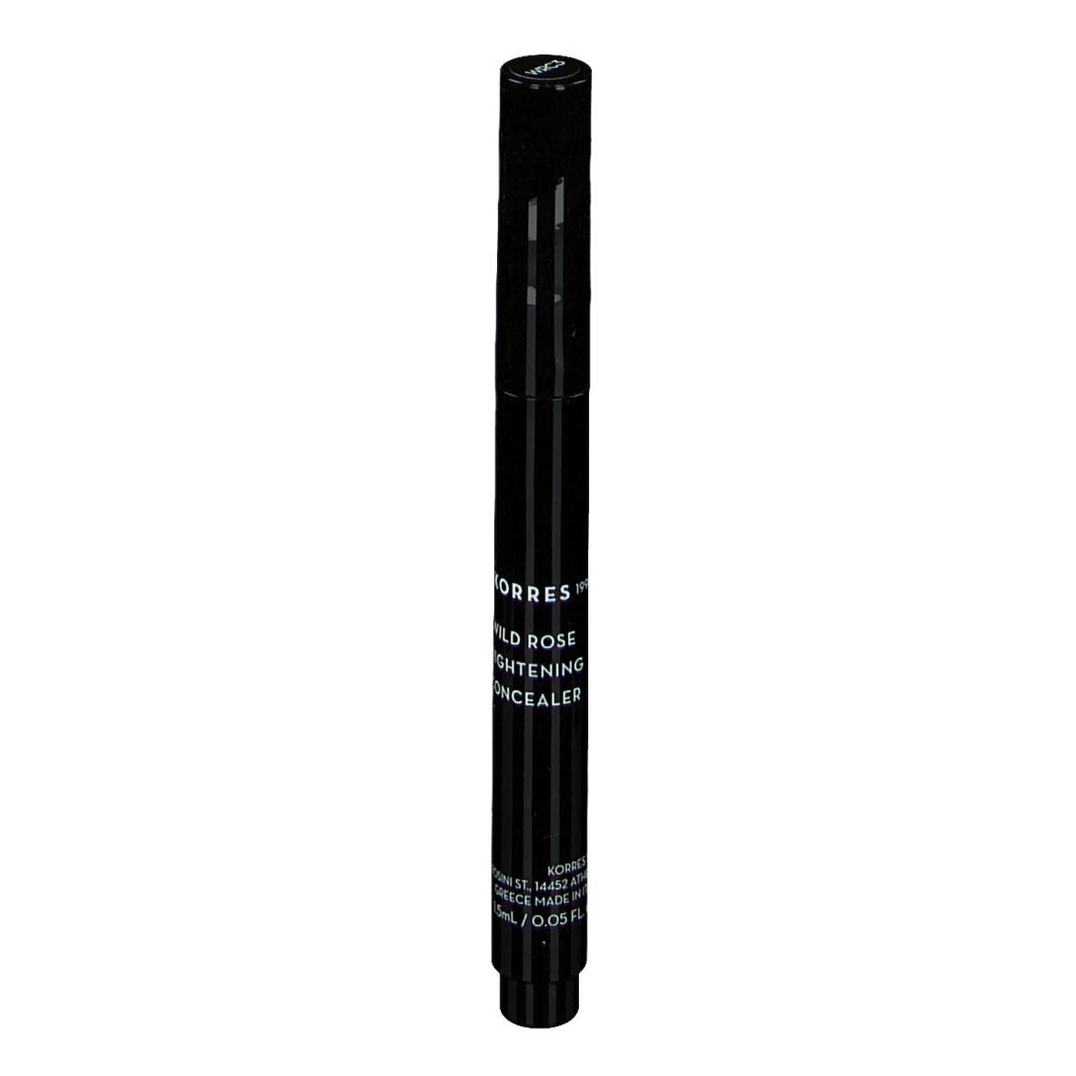 Zwarte pen met opschrift KORRES WILD ROSE. Bevat 1,5 ml/0,05 fl.oz.