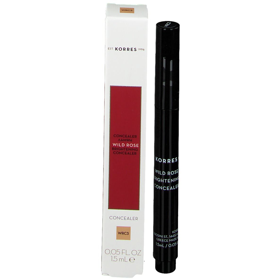 Zwarte pen en verpakking. Opschrift KORRES WILD ROSE. Bevat 1,5 ml/0,05 fl.oz.