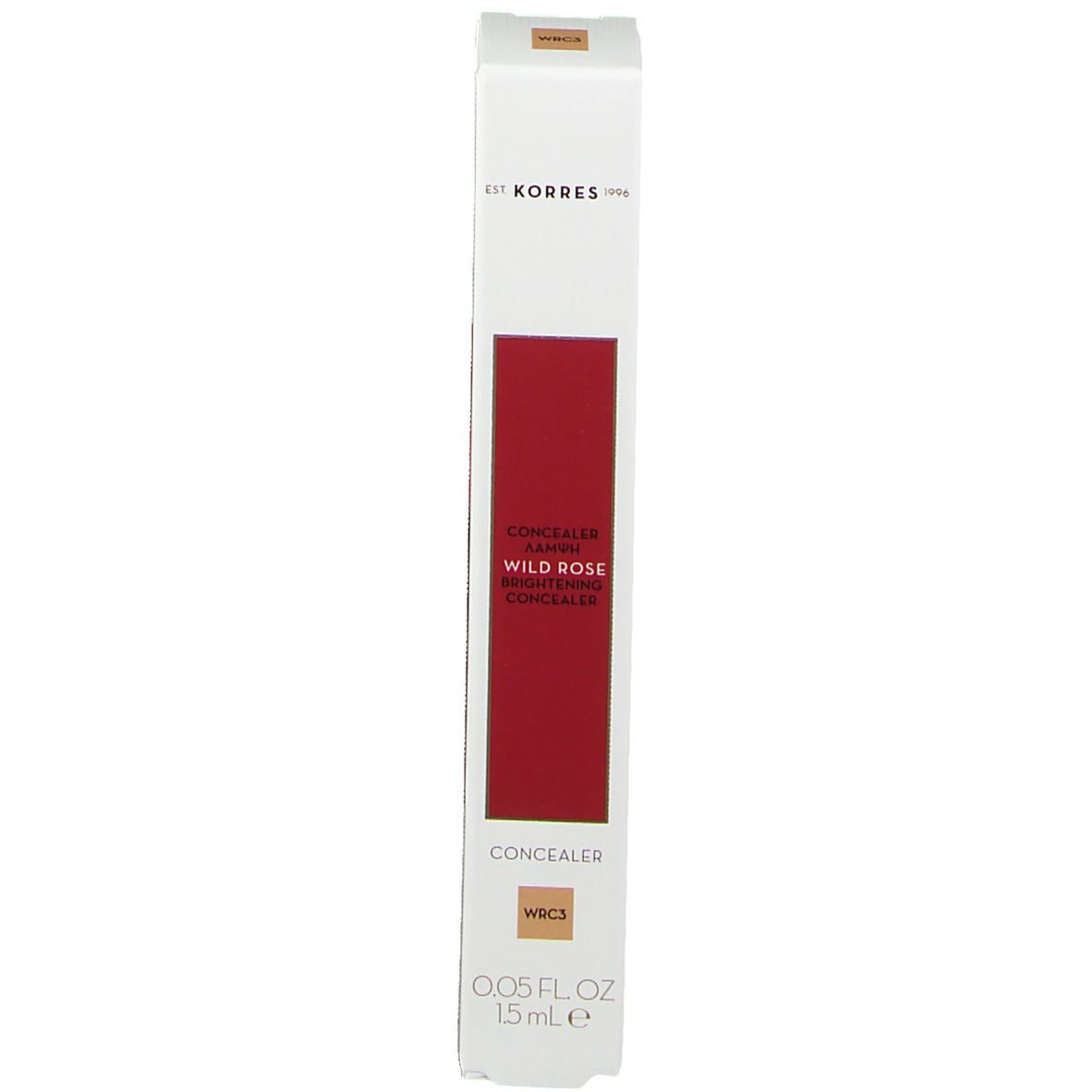 Verpakking met opschrift KORRES WILD ROSE. Bevat 1,5 ml/0,05 fl.oz.