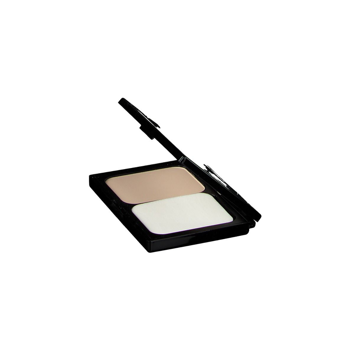 Compact poeder, open. Zwarte behuizing, poeder en applicator. Hoekweergave.