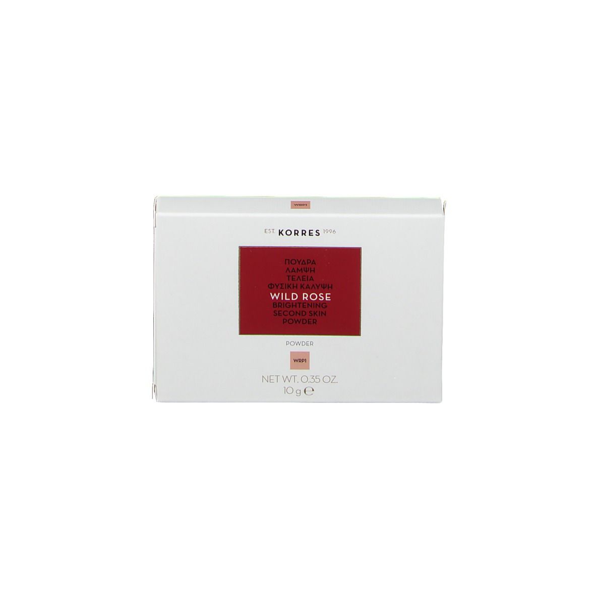 Verpakking. Wit met rood veld. Tekst: WILD ROSE SECOND SKIN POWDER, merk Korres. 10g.