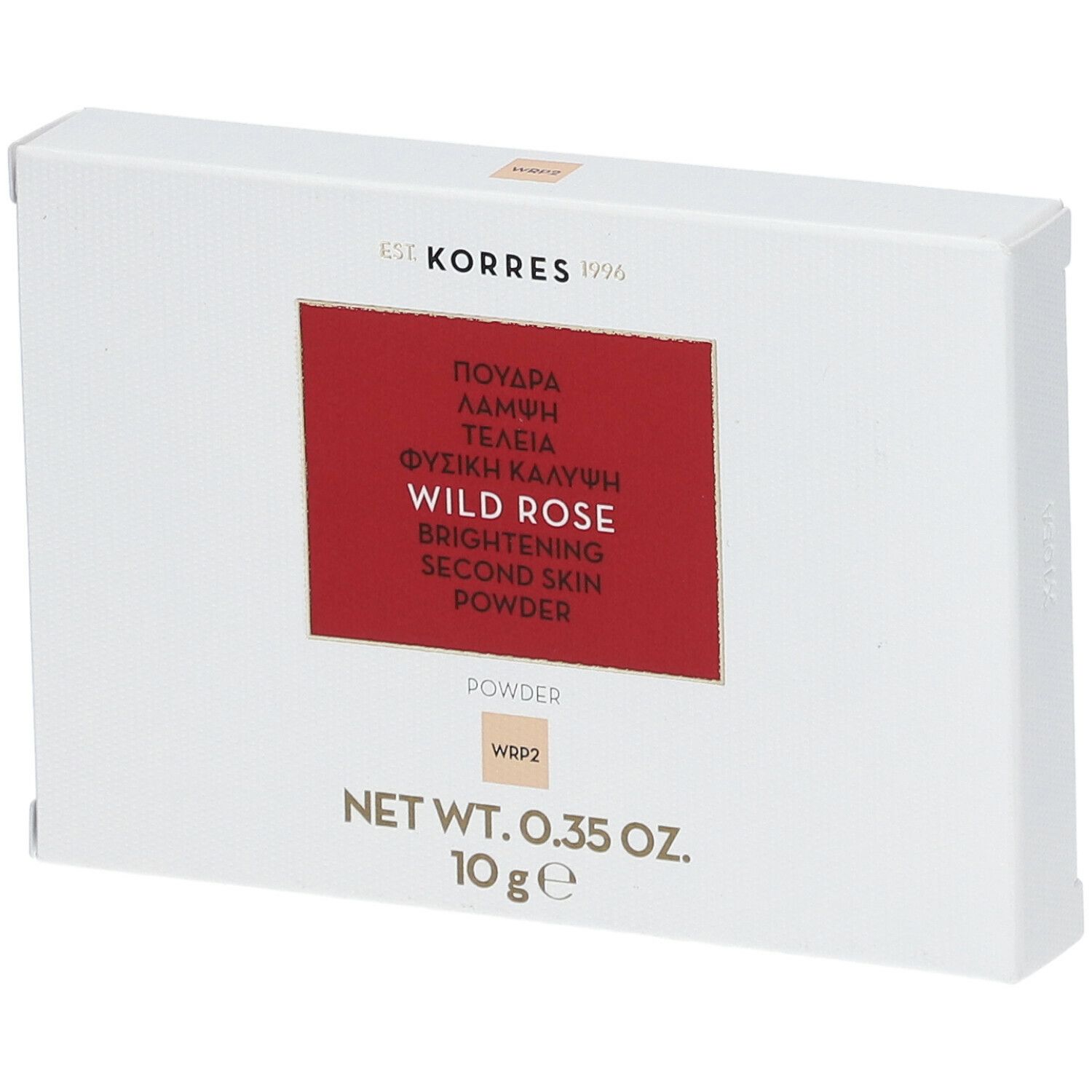 Witte doos met rood rechthoek. Tekst: Wild Rose, Brightening Second Skin Powder. Merk: Korres. 10 g.