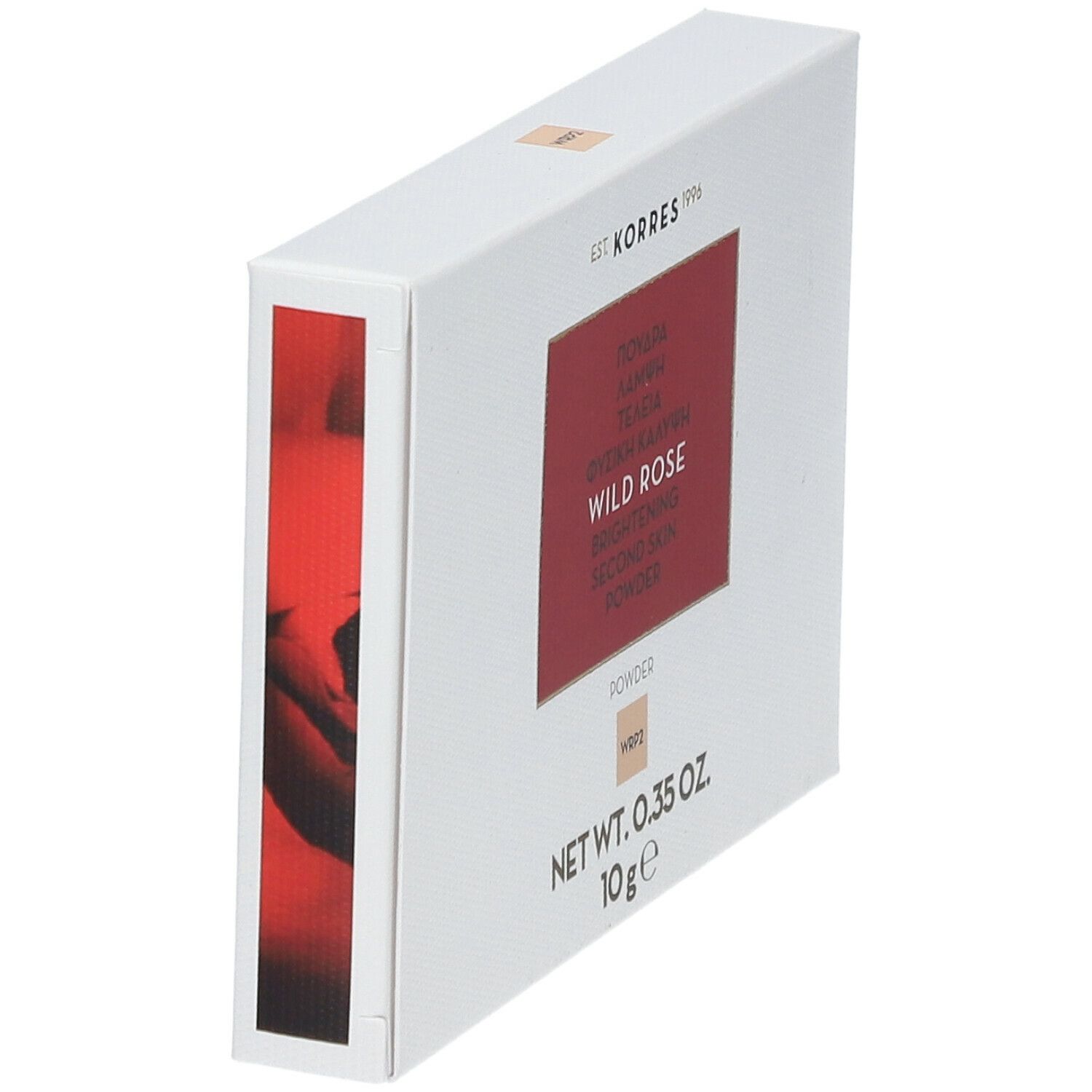 Witte doos, rood rechthoek met tekst: Wild Rose, Brightening Second Skin Powder. Merk: Korres. 10 g. Doos schuin.