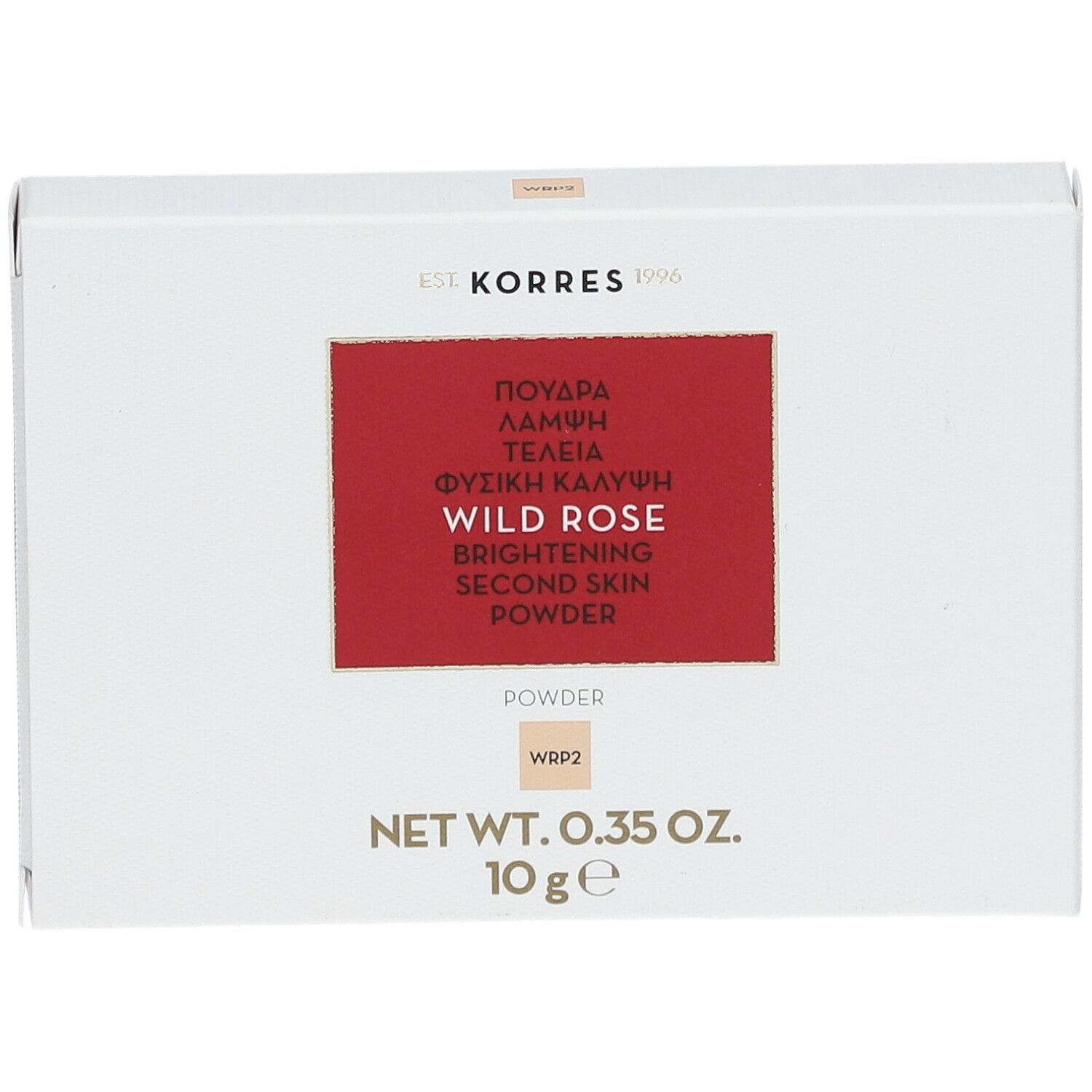 Witte doos met rood rechthoek. Tekst: Wild Rose, Brightening Second Skin Powder. Merk: Korres. 10 g.