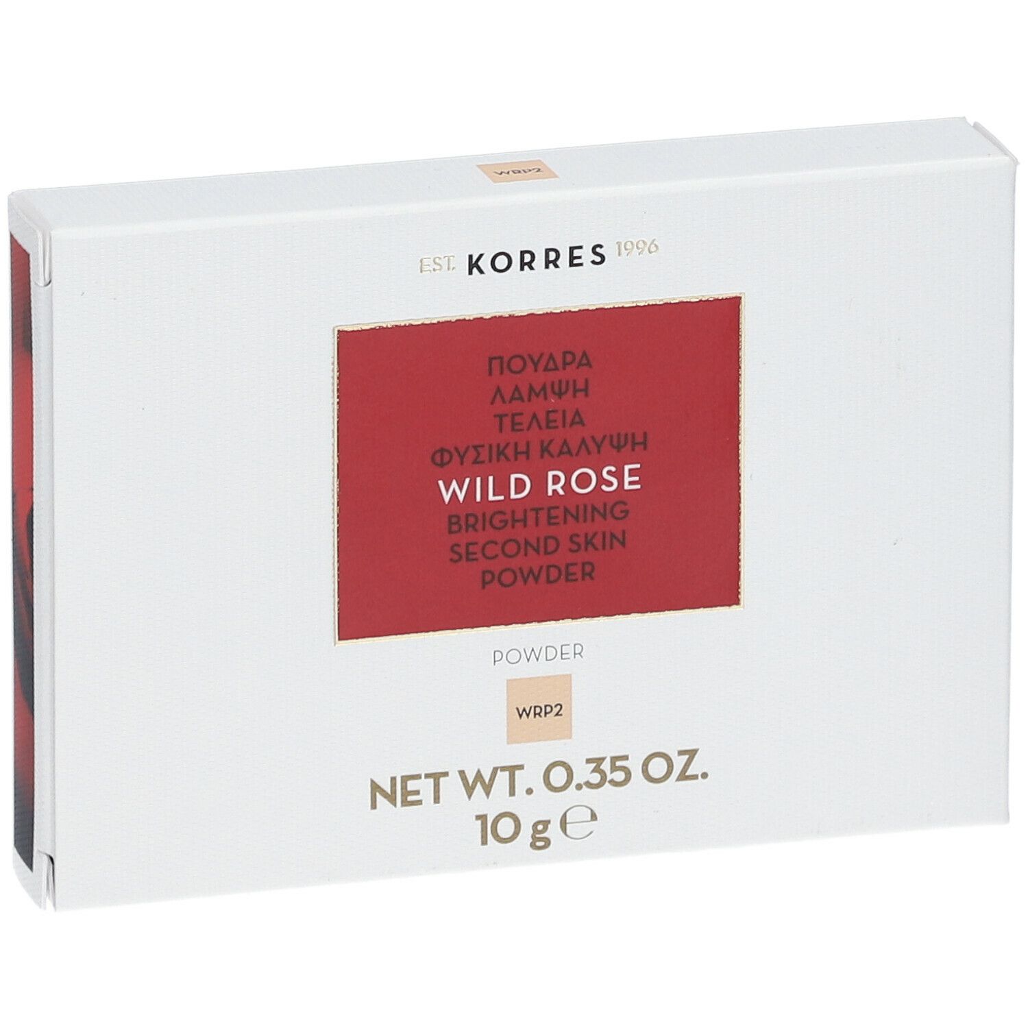 Witte doos met rood rechthoek. Tekst: Wild Rose, Brightening Second Skin Powder. Merk: Korres. 10 g.