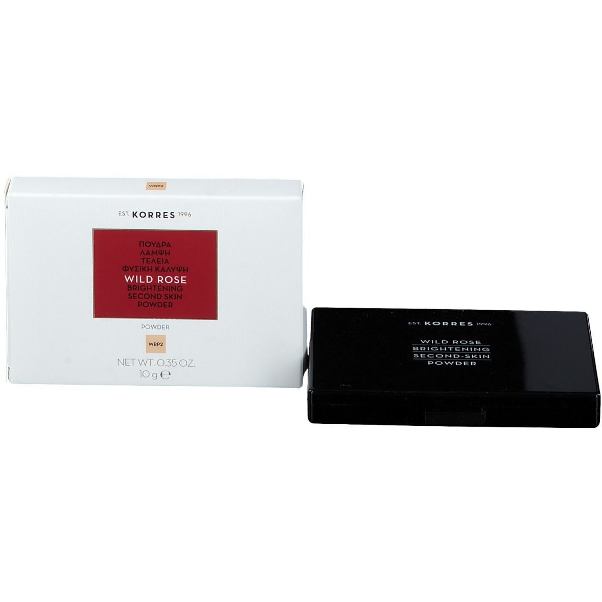 Witte doos en zwarte compactpoeder. Tekst: Wild Rose, Brightening Second Skin Powder. Merk: Korres. 10 g.