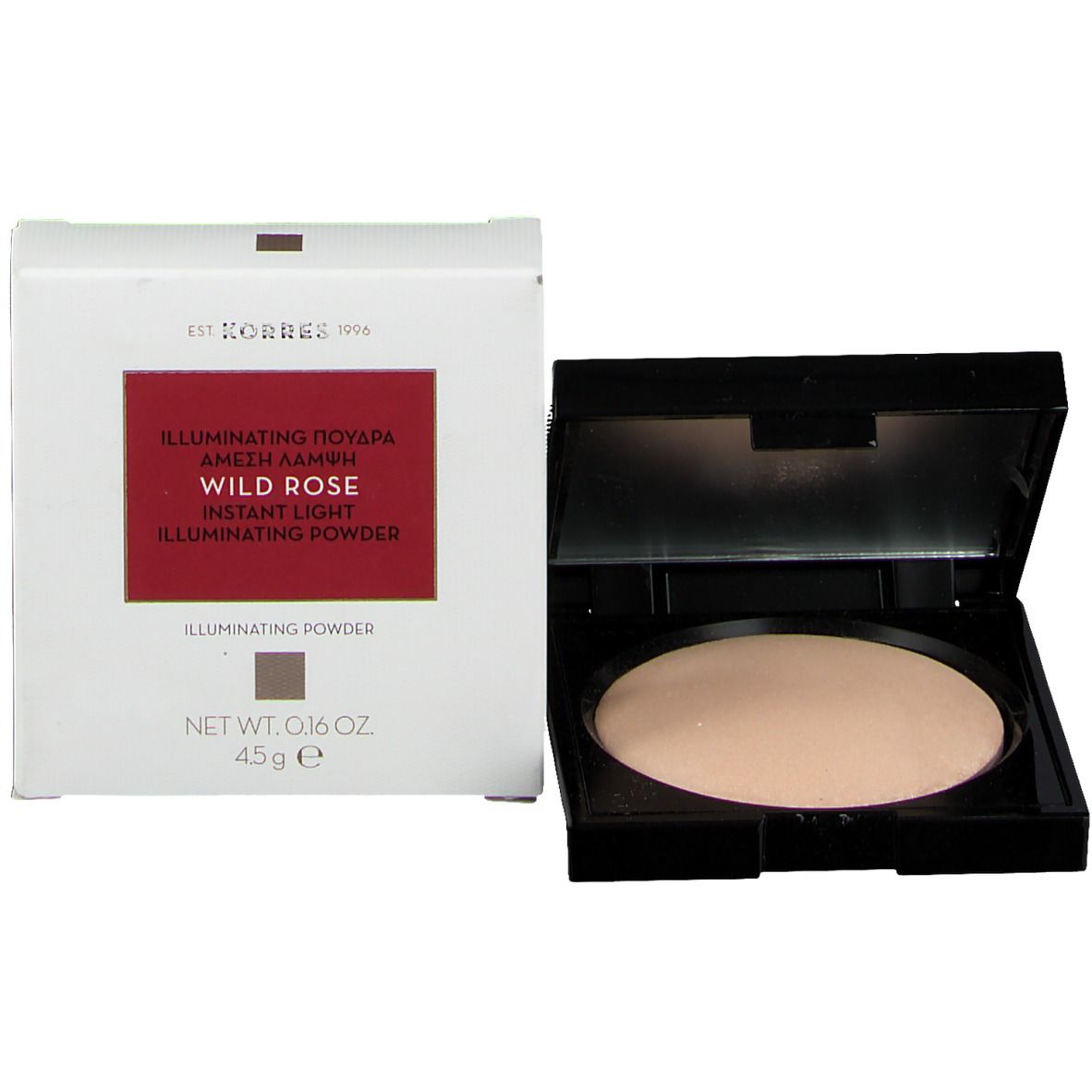 Productverpakking en cosmetische doos. Verpakking wit met rood veld. Doos zwart met poeder. Opschrift: Wild Rose.