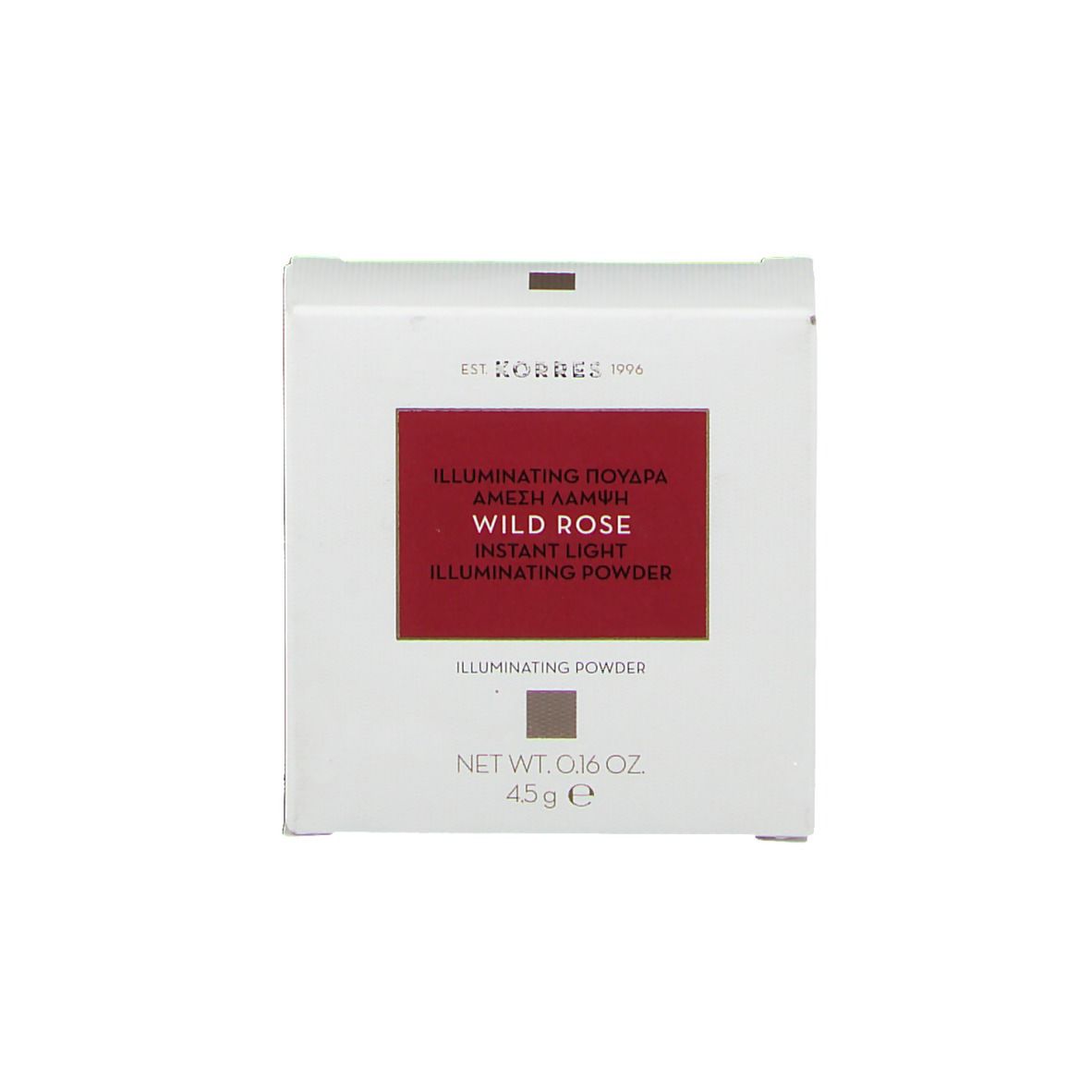 Witte productverpakking met rood veld. Opschrift: Wild Rose, Instant Light, Illuminating Powder. Merk: Korres.