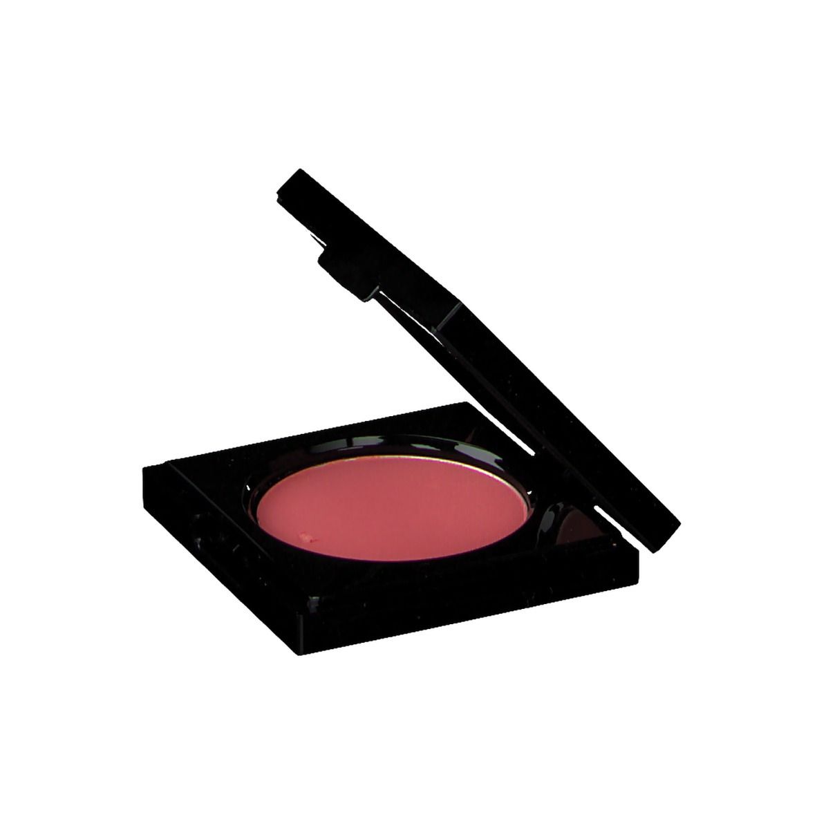 Boîtier cosmétique noir avec fard à joues rose. Le couvercle est légèrement ouvert.