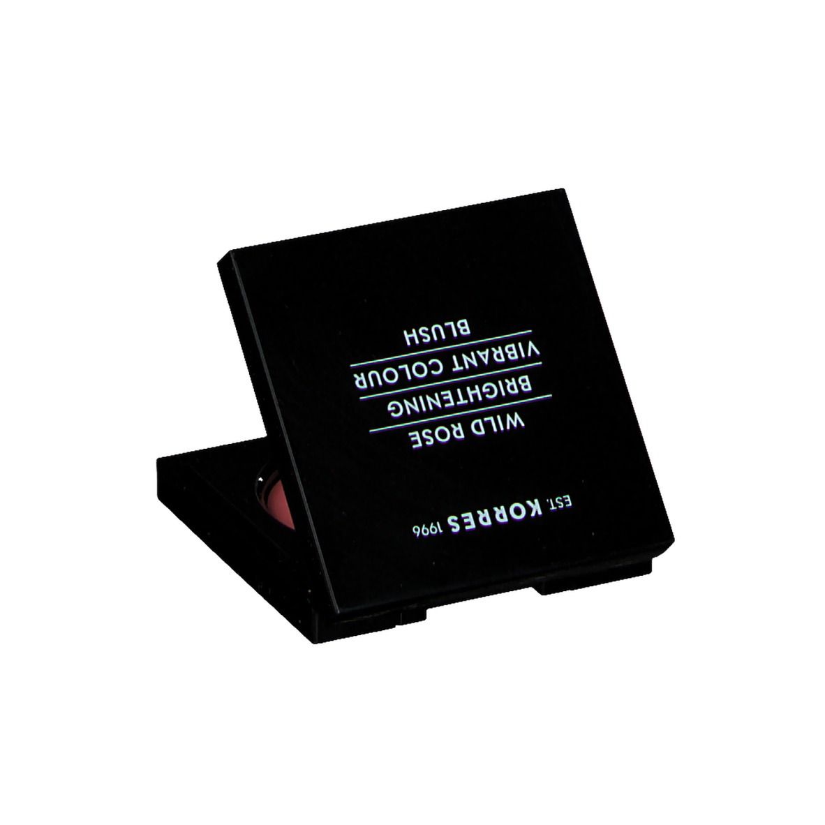 Boîtier cosmétique noir avec texte: Wild Rose Blush, Vibrant Colour, Korres.