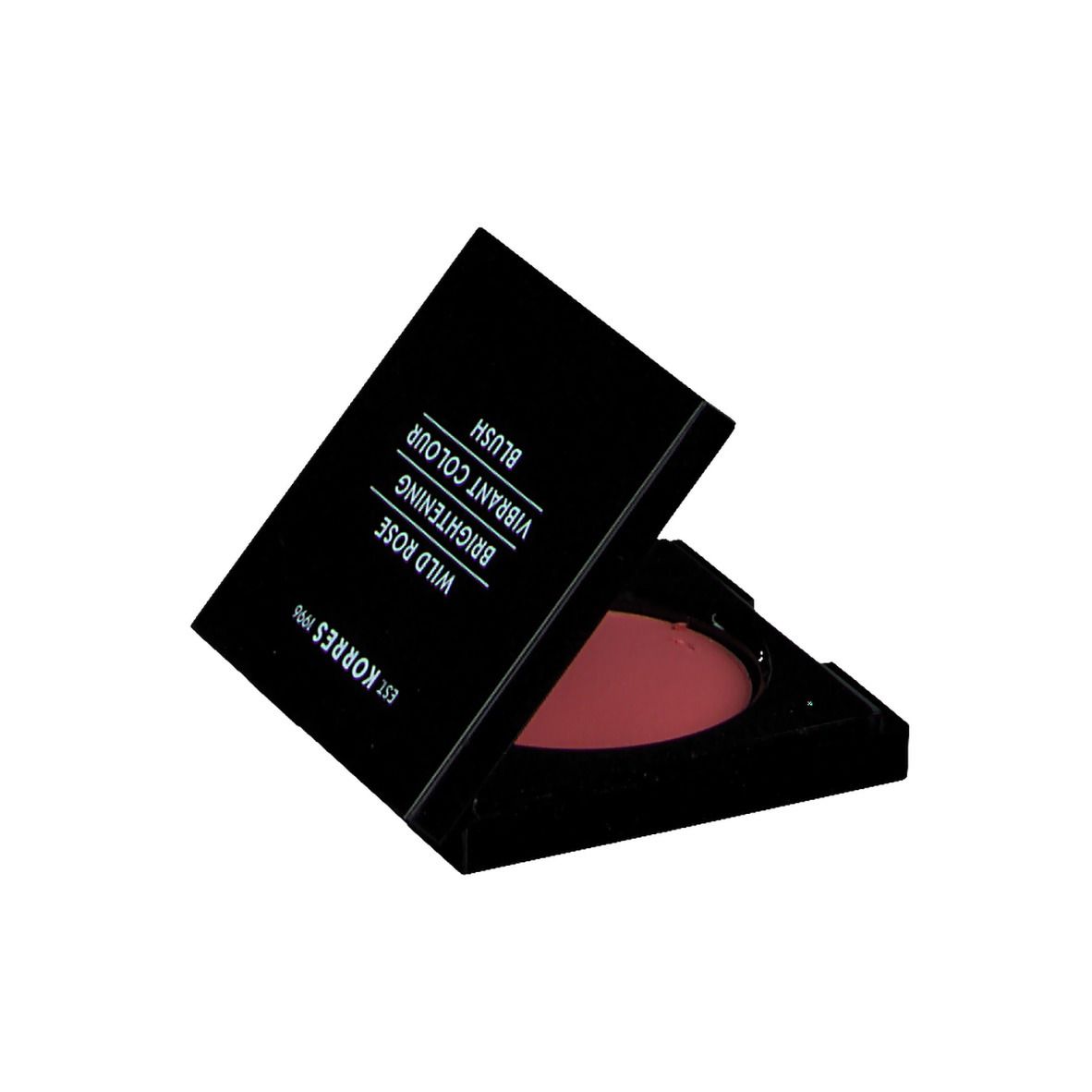 Boîtier cosmétique noir avec fard à joues rose. Le couvercle est légèrement ouvert.