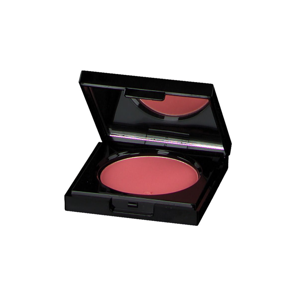Boîtier cosmétique noir avec fard à joues rose. Le couvercle est ouvert, révélant un miroir.