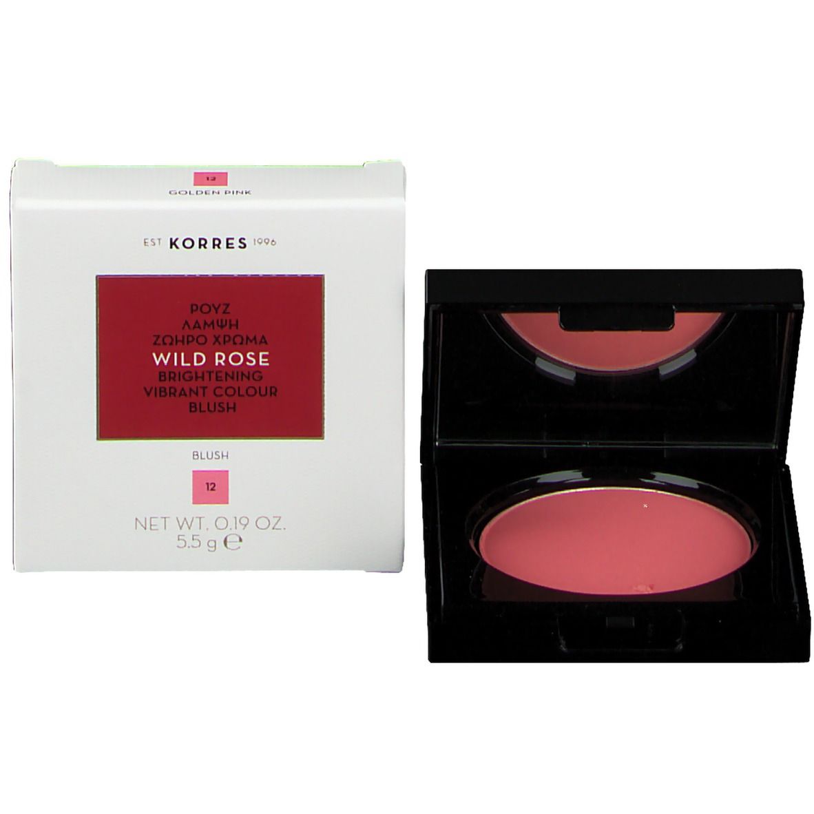 Produit cosmétique avec emballage. Boîtier noir avec fard à joues rose et emballage blanc.