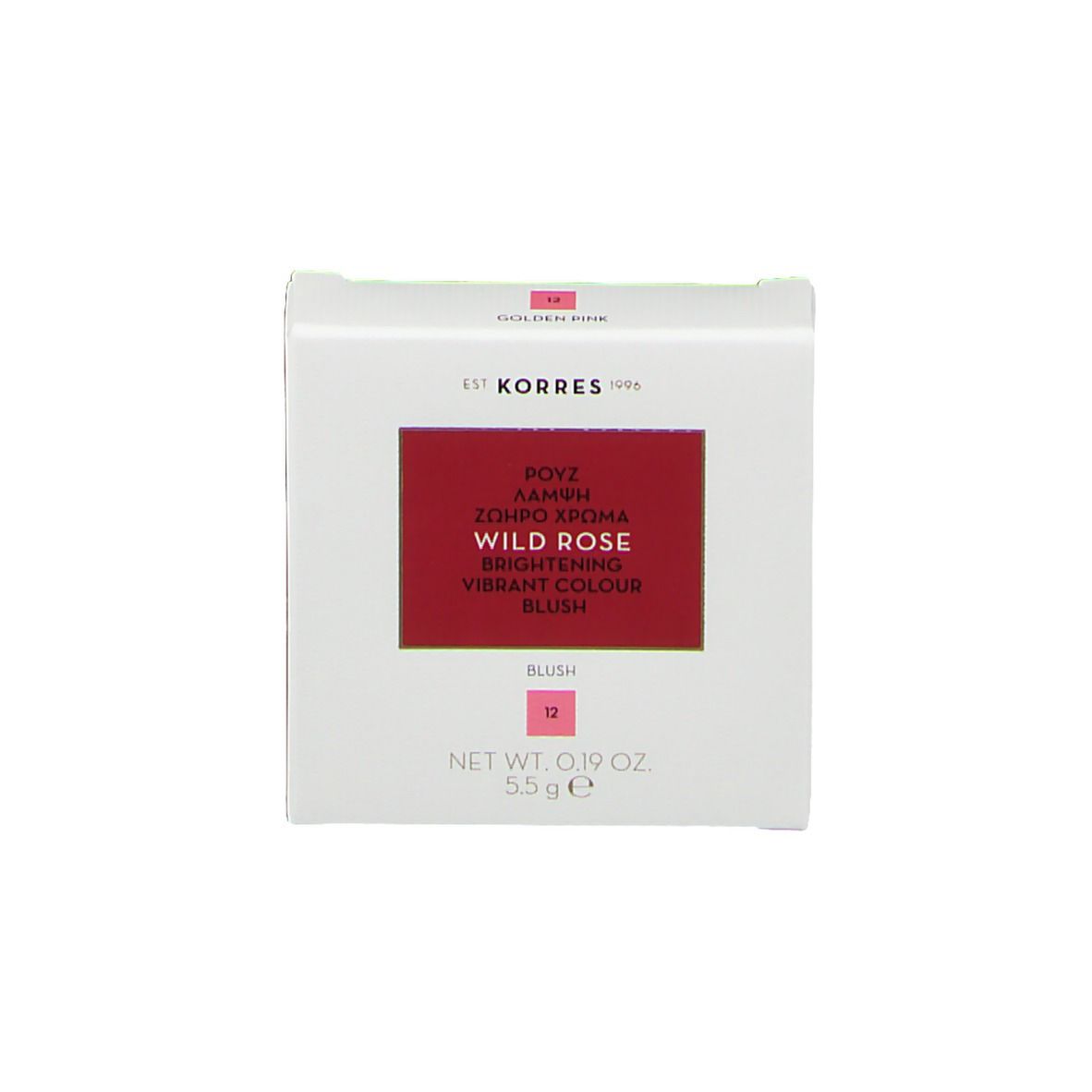 Emballage blanc avec champ rouge et texte: Wild Rose, Blush, Korres.