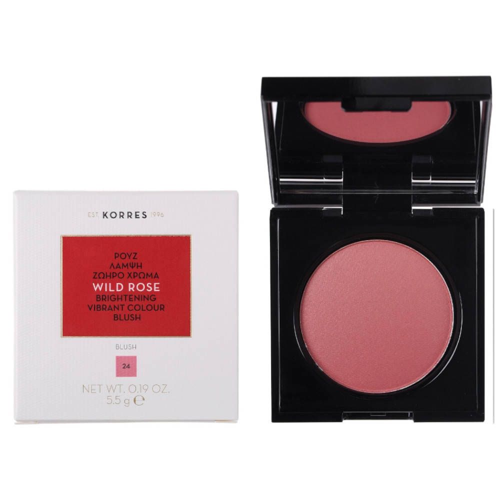 Compacte blush met spiegel en verpakking. Kleur: Dusty Rose. Merk: Korres. Tekst op de verpakking.