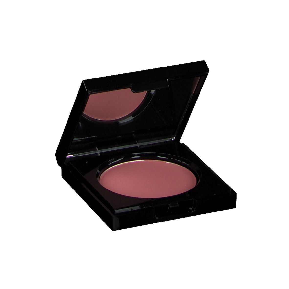 Compacte blush met spiegel. Kleur: Dusty Rose. Zwarte houder. Ronde vorm.