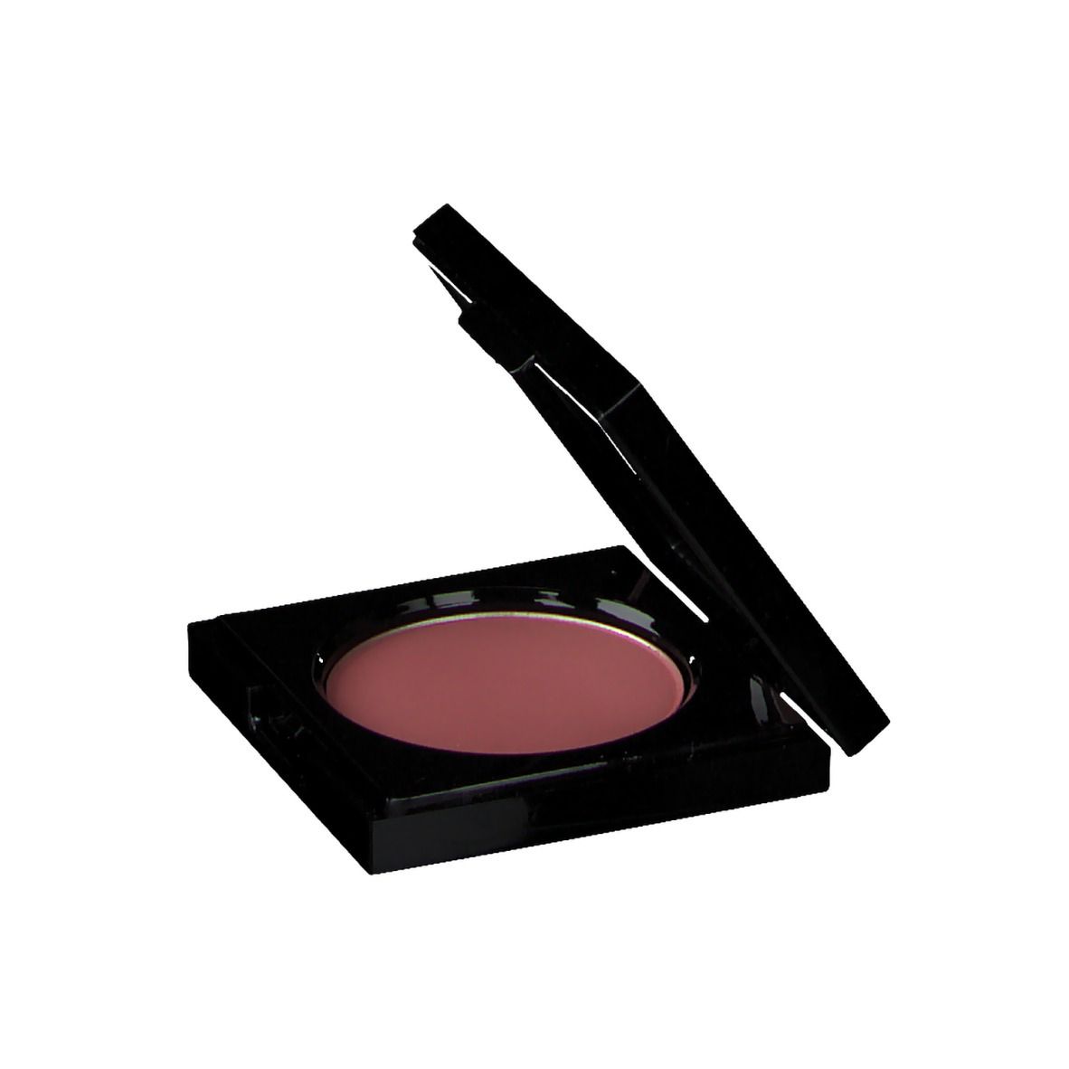 Compacte blush met spiegel. Kleur: Dusty Rose. Zwarte houder. Deksel open.