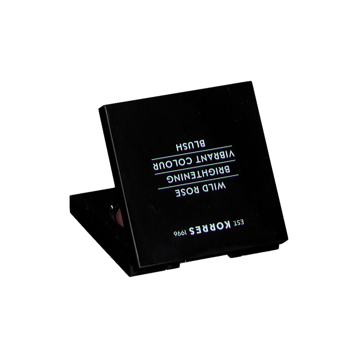 Compacte blush. Zwarte houder. Merk: Korres. Tekst: Wild Rose, Brightening Vibrant Colour Blush.