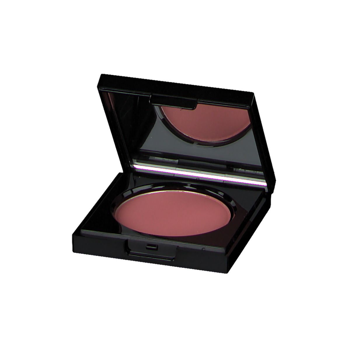 Compacte blush met spiegel. Kleur: Dusty Rose. Zwarte houder. Ronde vorm.