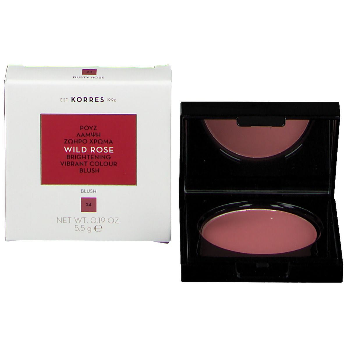 Compacte blush met spiegel en verpakking. Kleur: Dusty Rose. Merk: Korres. Tekst op de verpakking.