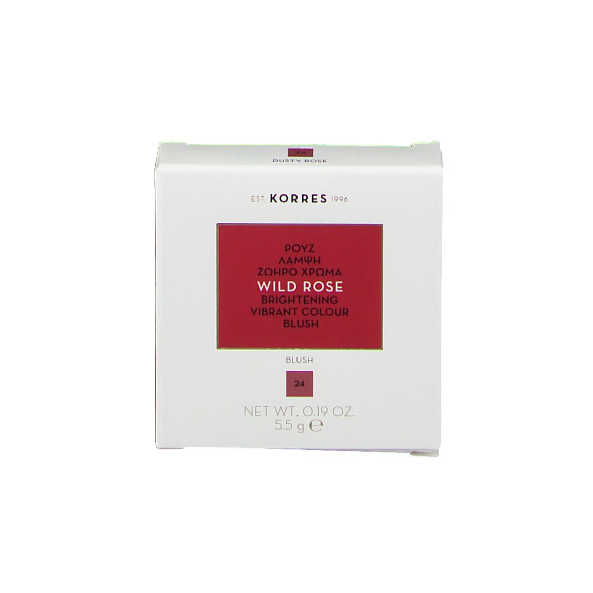 Verpakking. Merk: Korres. Tekst: Wild Rose, Brightening Vibrant Colour Blush. Kleur: Dusty Rose.