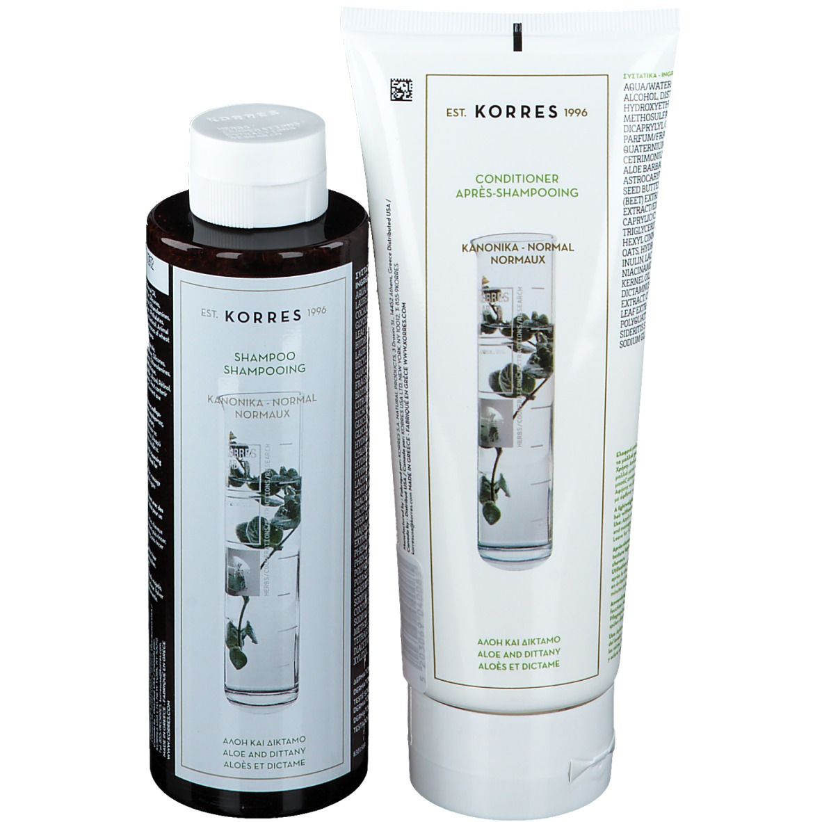 Korres Shampoo und Conditioner. Shampoo in brauner Flasche, Conditioner in weißer Tube. Beide mit Produktnamen und floraler Illustration.