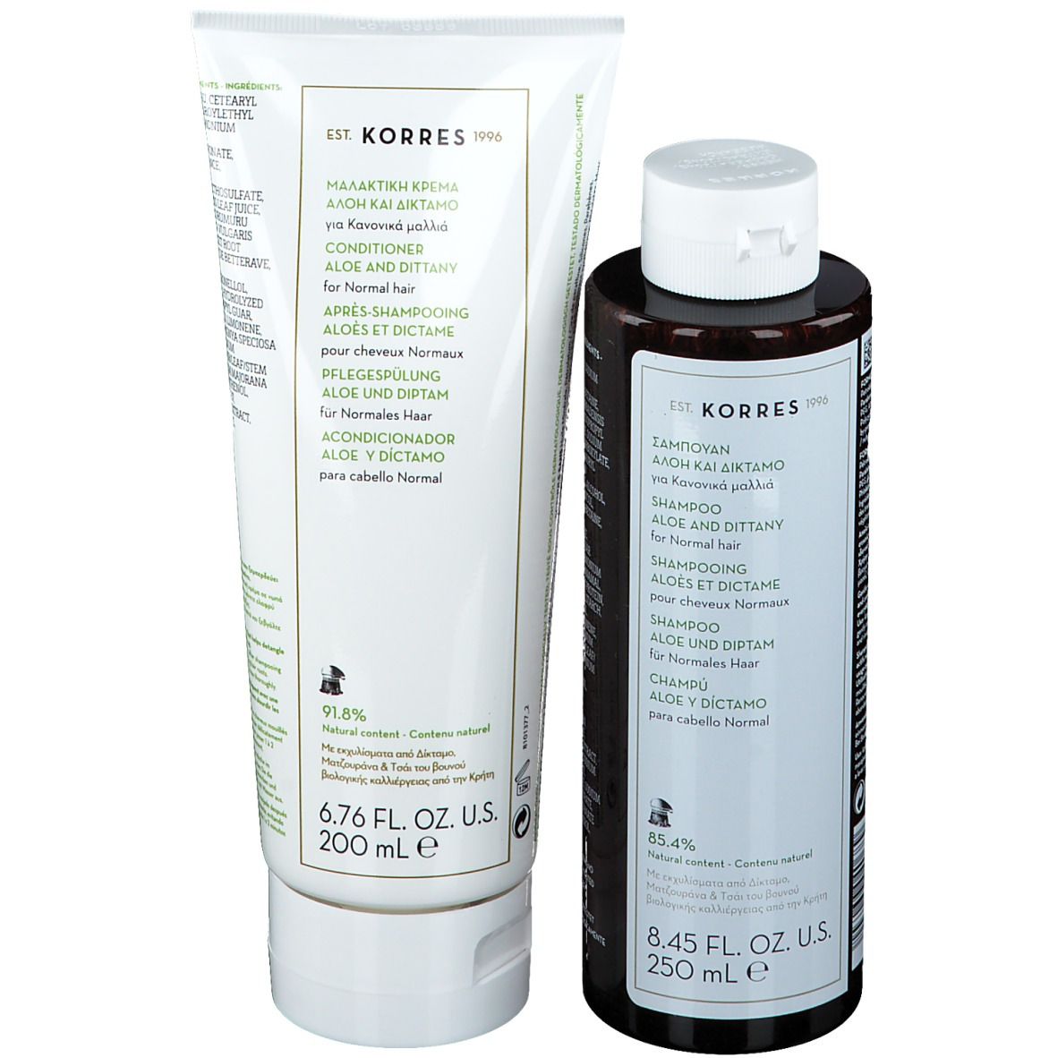 Korres Shampoo und Conditioner. Shampoo in brauner Flasche, Conditioner in weißer Tube. Produktnamen und Angaben zu Inhaltsstoffen.