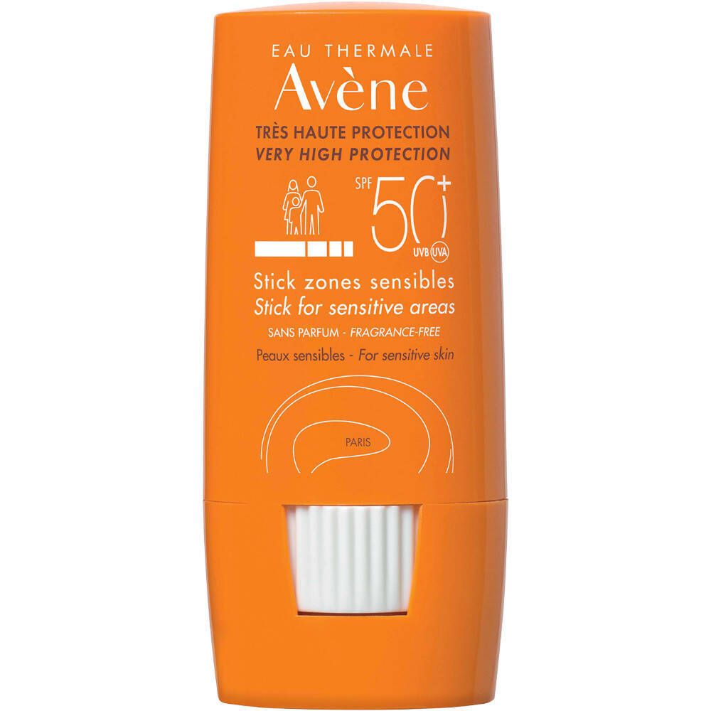 Orangener Stick mit weißem Applikator. Aufschrift: Eau Thermale Avène, SPF 50+, Stick zones sensibles.