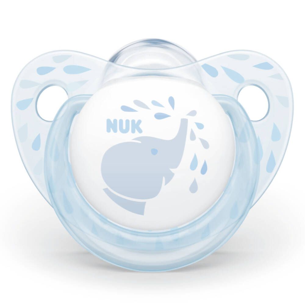 Sucette bleue avec éléphant et logo NUK. Bords bleus.