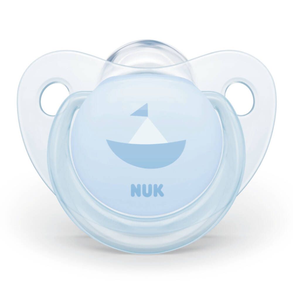 Sucette bleue avec bateau et logo NUK. Bords bleus.