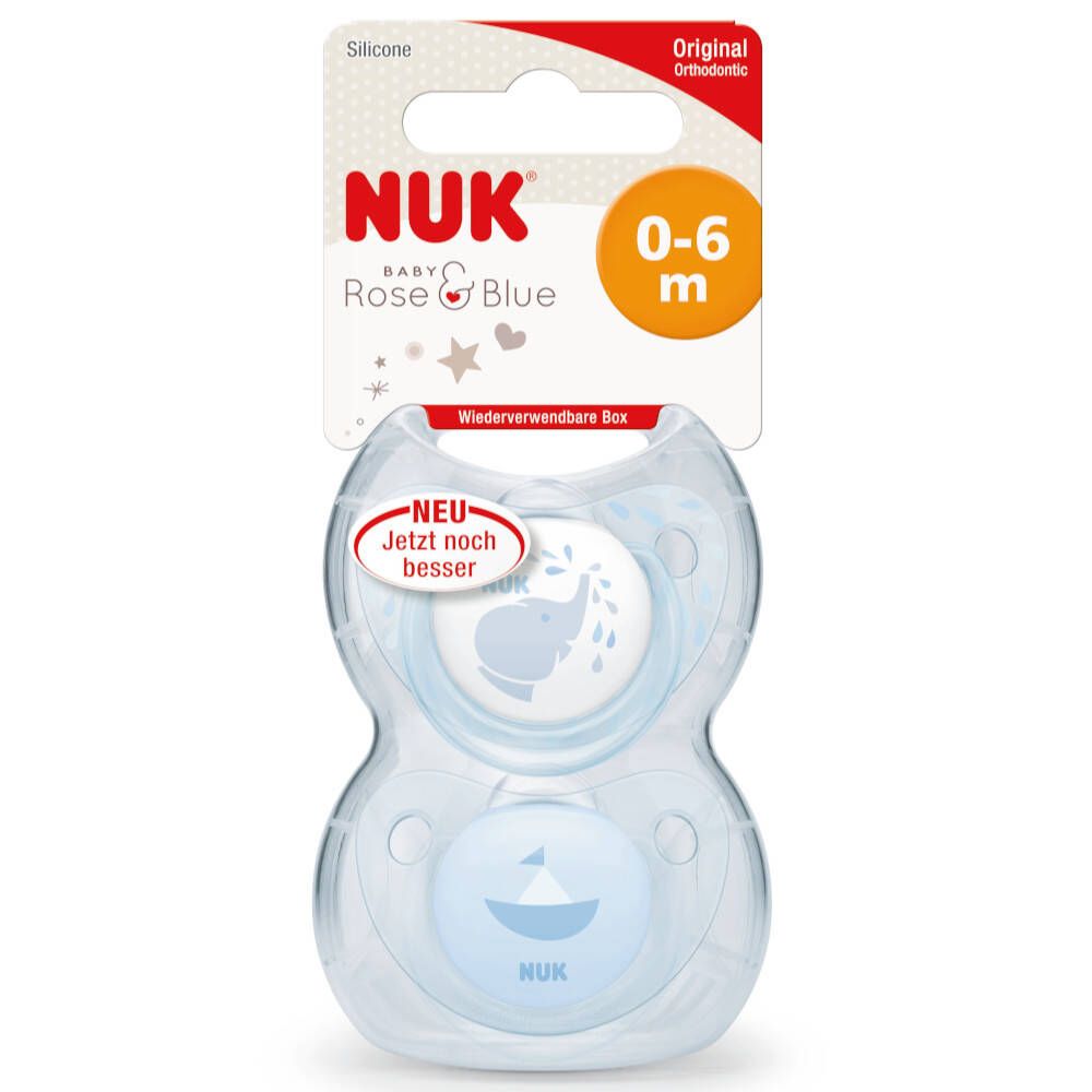 Emballage de deux sucettes bleues. NUK Rose & Blue, 0-6 mois. Avec autocollant "NEU Jetzt noch besser".