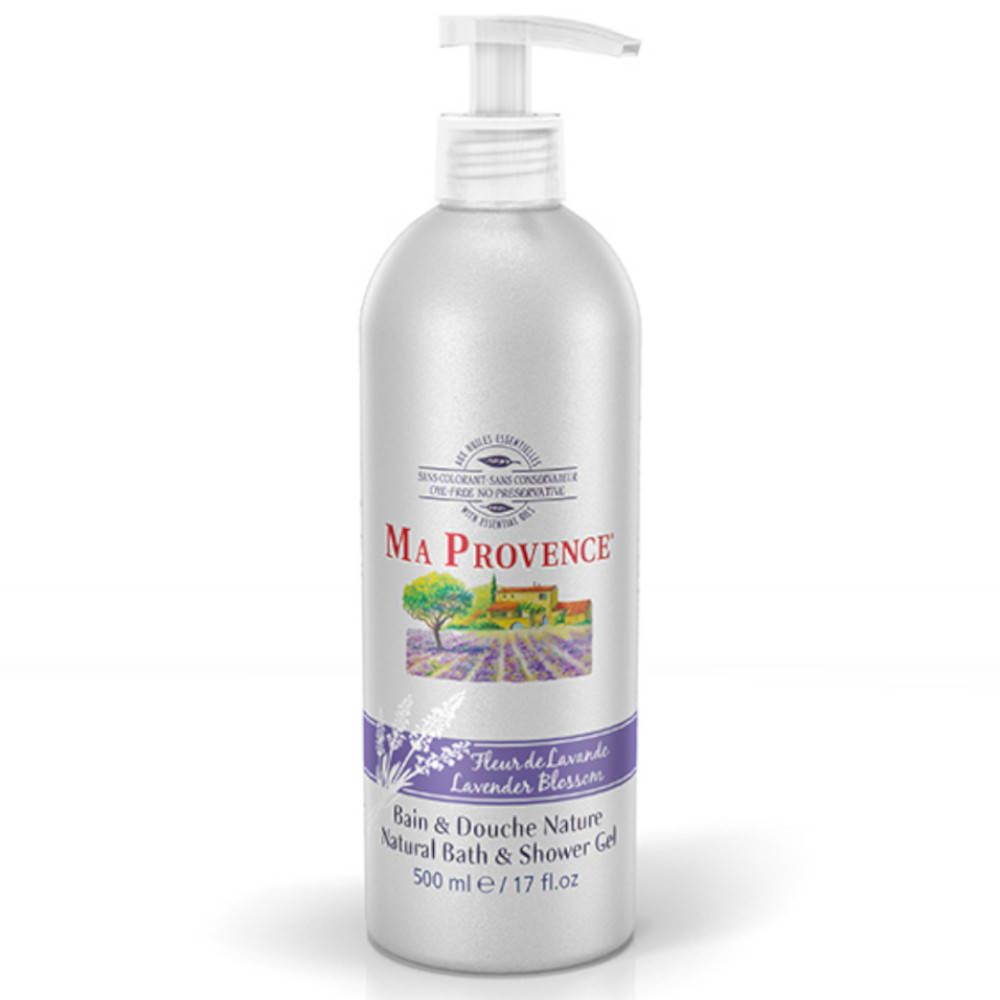 Flacon argenté avec pompe. Inscription: Ma Provence, Fleur de Lavande, Bain & Douche Nature. 500 ml.