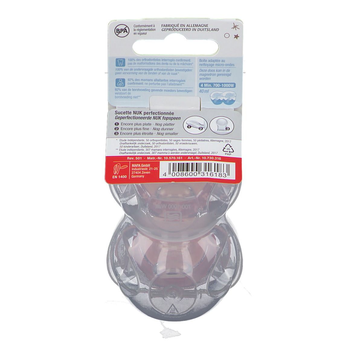 Dos de l'emballage des sucettes. Informations en plusieurs langues. Informations du fabricant. Emballage plastique transparent.