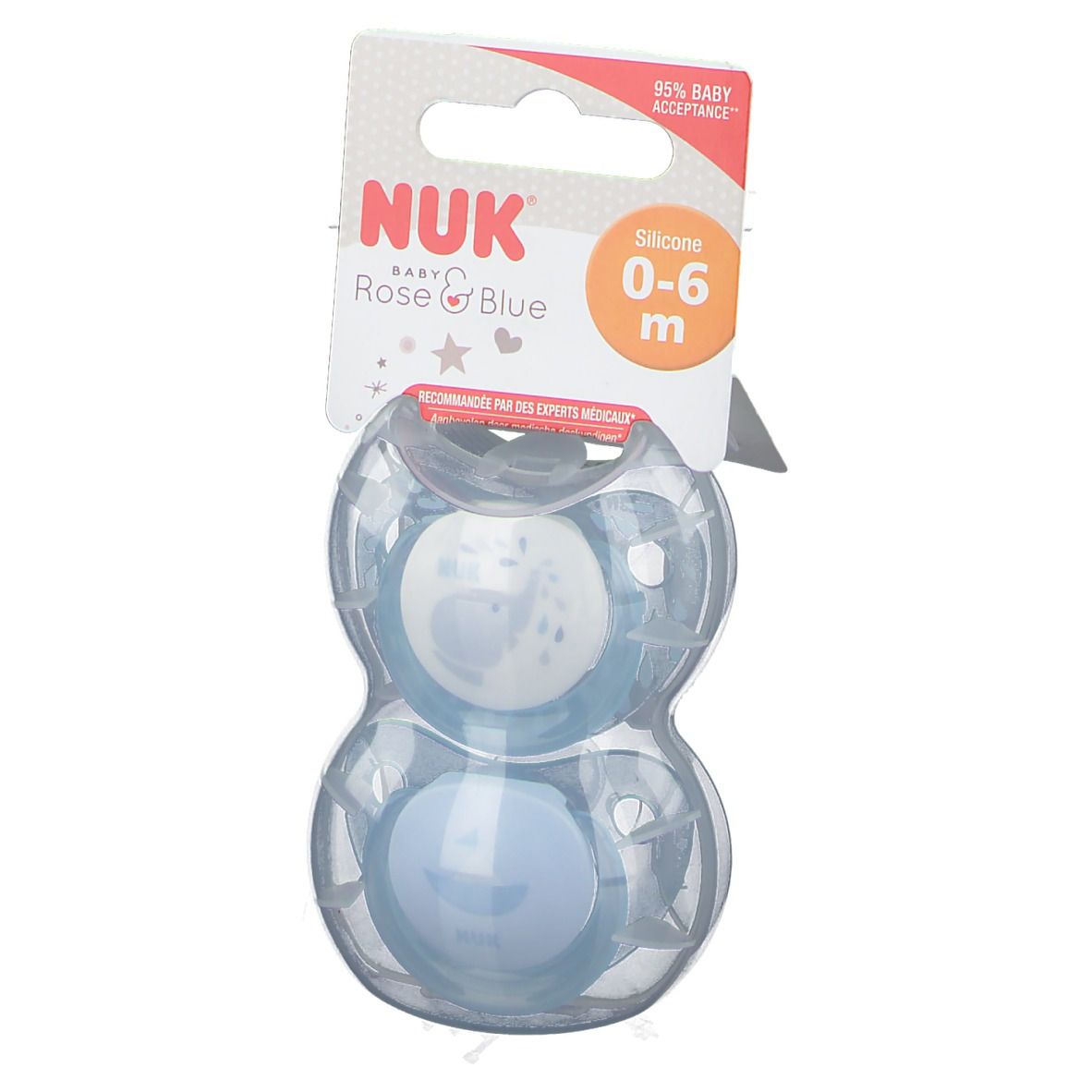 Deux sucettes bleues dans un emballage transparent. Emballage avec logo NUK, Rose & Blue, 0-6 mois. Silicone.
