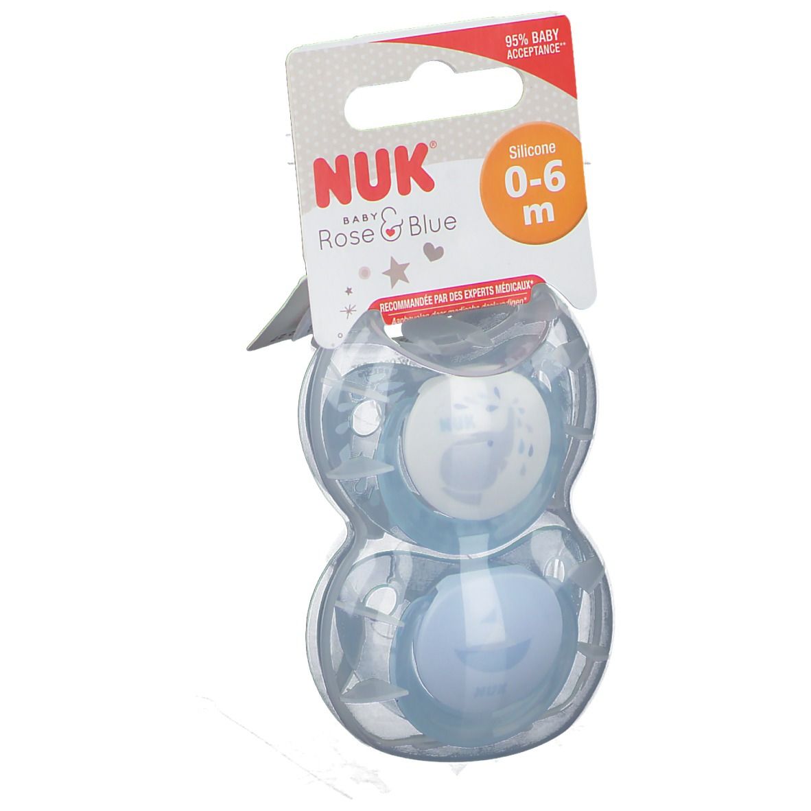 Deux sucettes bleues dans un emballage transparent. Emballage avec logo NUK, Rose & Blue, 0-6 mois. Silicone.
