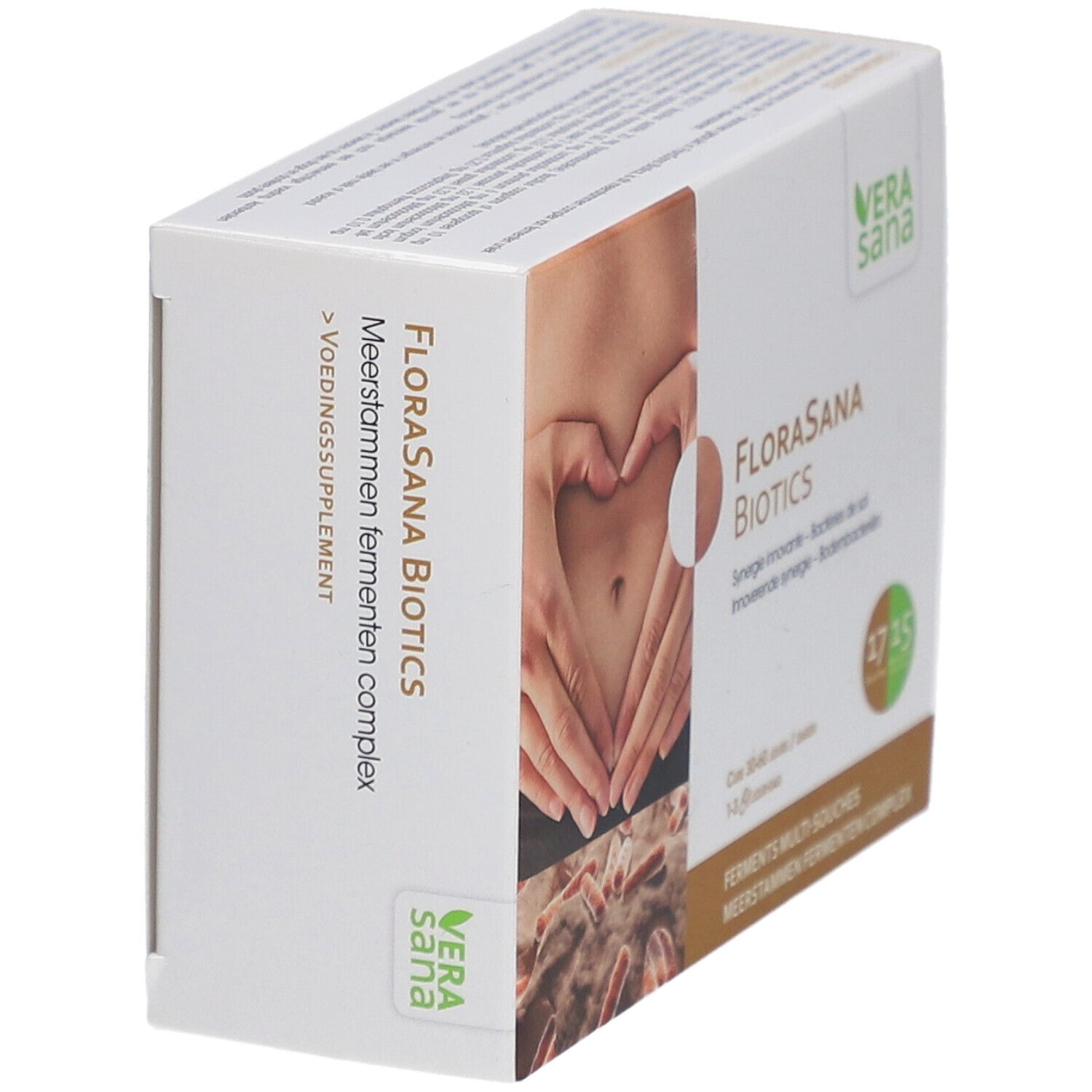 Vue oblique de l'emballage Vera Sana FloraSana Biotics. Nom du produit, logo et image d'un ventre.