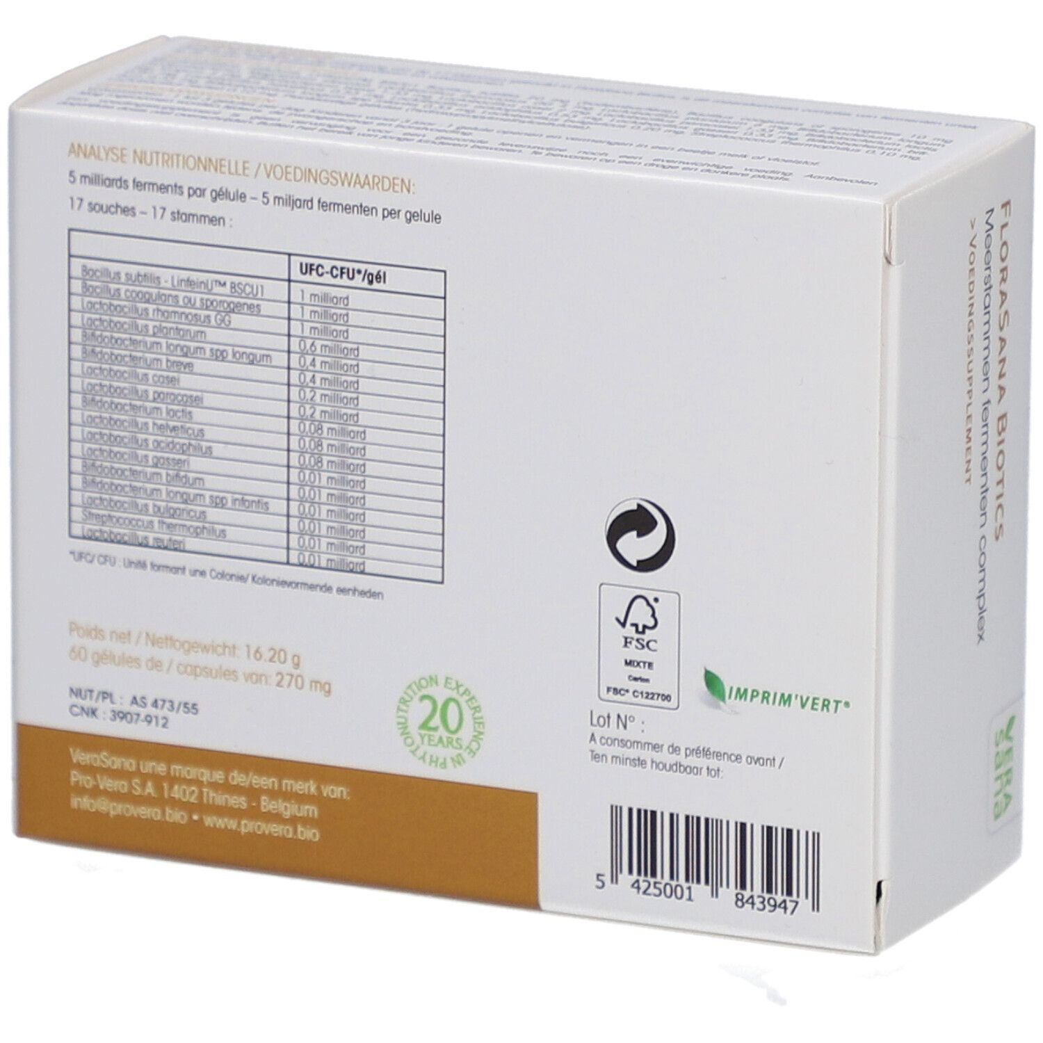 Dos de l'emballage Vera Sana FloraSana Biotics. Informations nutritionnelles, logos et texte.