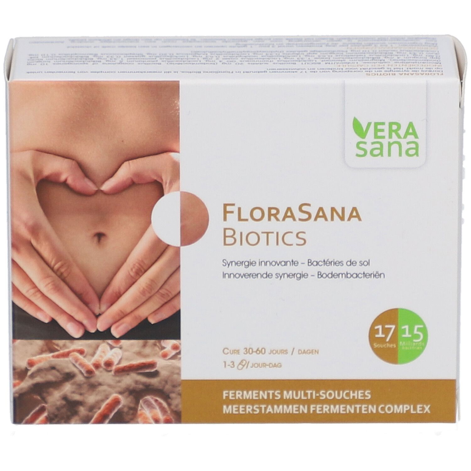 Boîte Vera Sana FloraSana Biotics. Nom du produit, logo et image d'un ventre avec des mains.