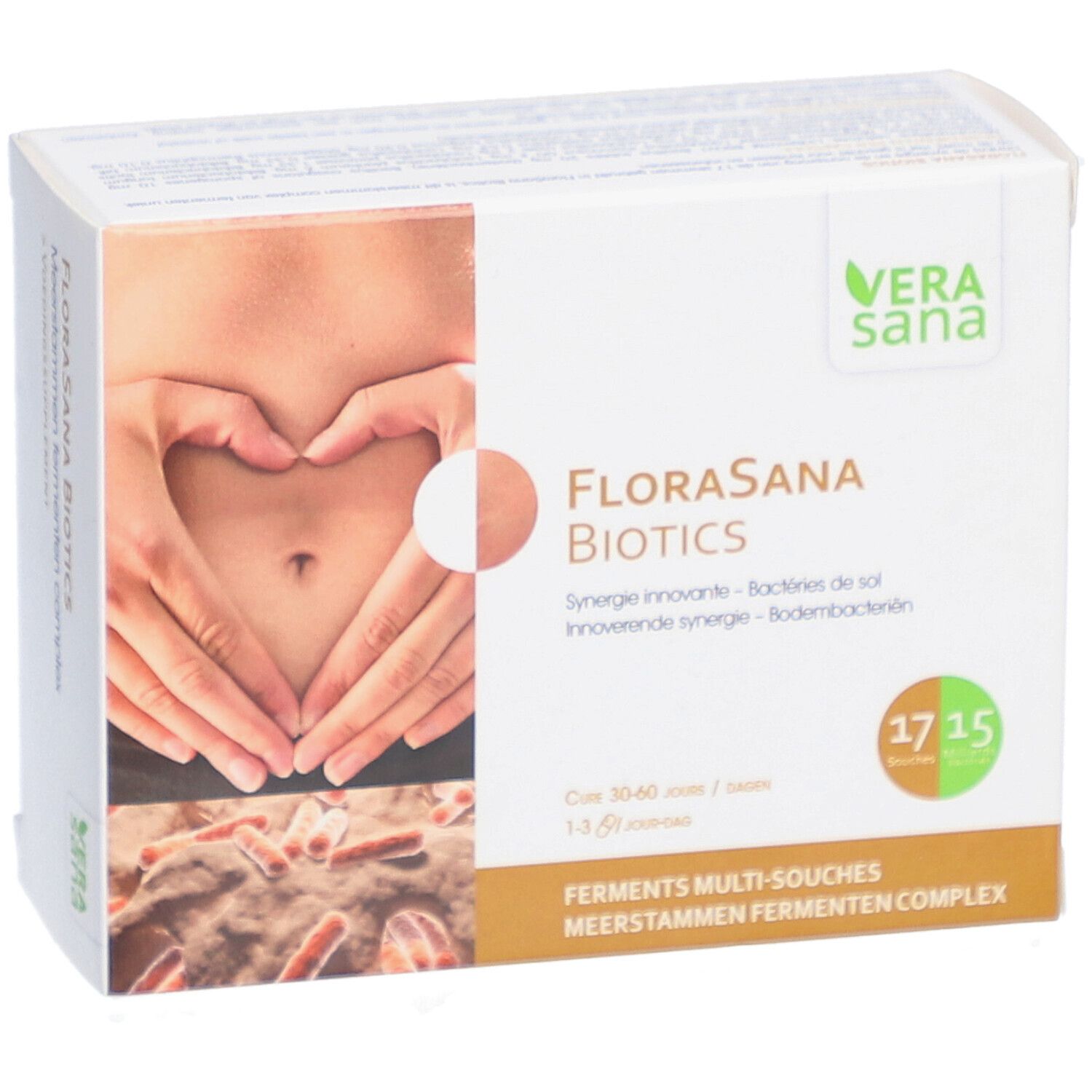 Boîte Vera Sana FloraSana Biotics. Nom du produit, logo et image d'un ventre avec des mains.